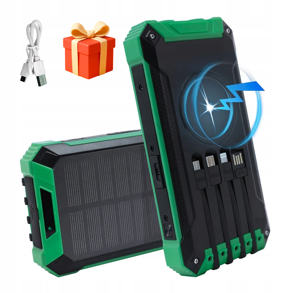 Solární Powerbanka Power Bank Usb 10000 Mah Se 4 Kabely A Svítilnou