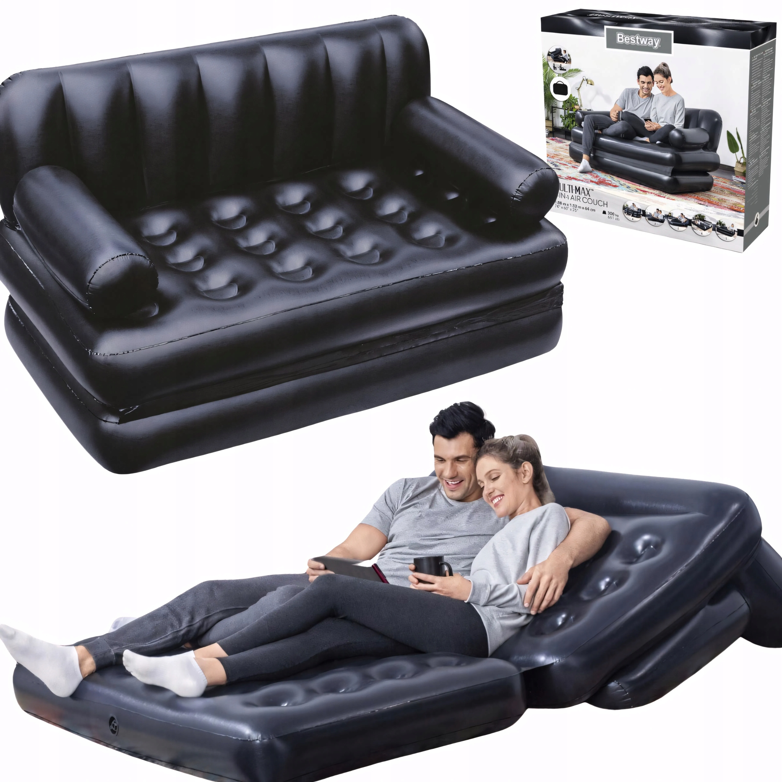 Materac Dmuchany Sofa 2 Os Rozkładana Bestway 5W1 Łóżko Czarne 188x152