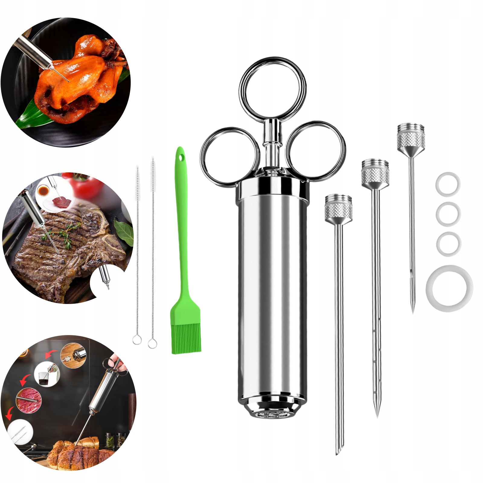 Levně Ocelová stříkačka Na Marinování Masa 60 Ml Sada Čističů 3 Jehly Bbq Inox