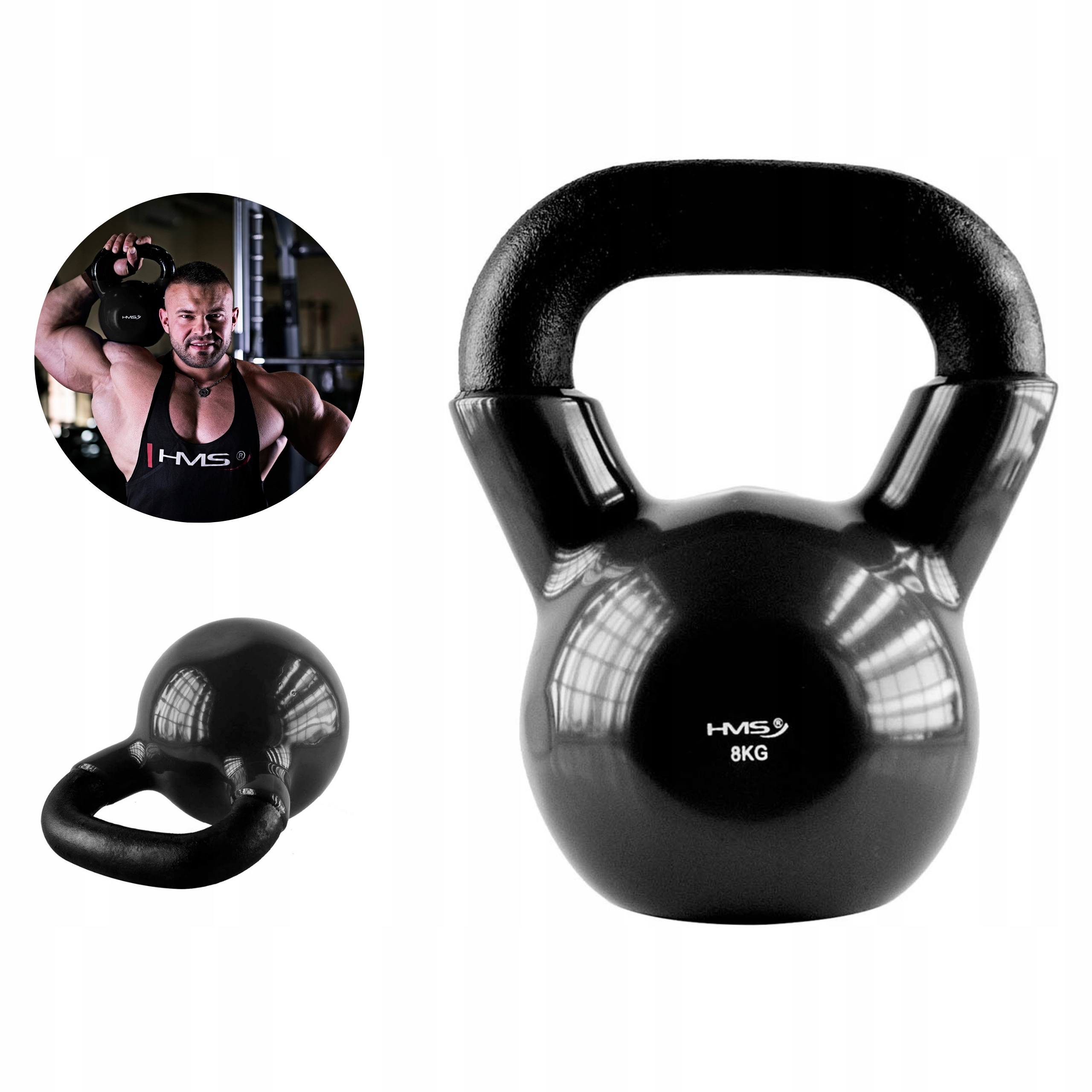 Kettlebell żeliwny powlekany 8kg hantla do ćwiczeń fitness czarna Hms