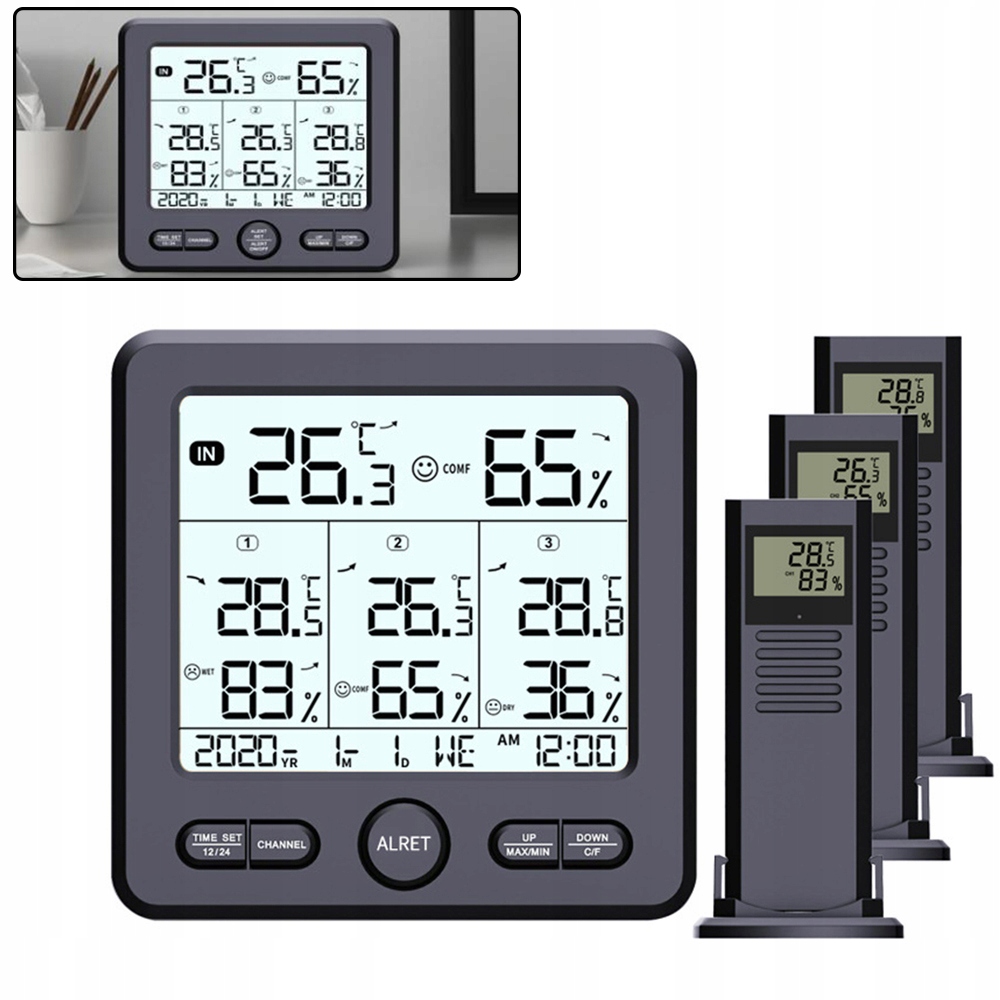 Bezdrátová LCD Meteorologická Stanice Vlhkoměr se 3 Senzory, černá