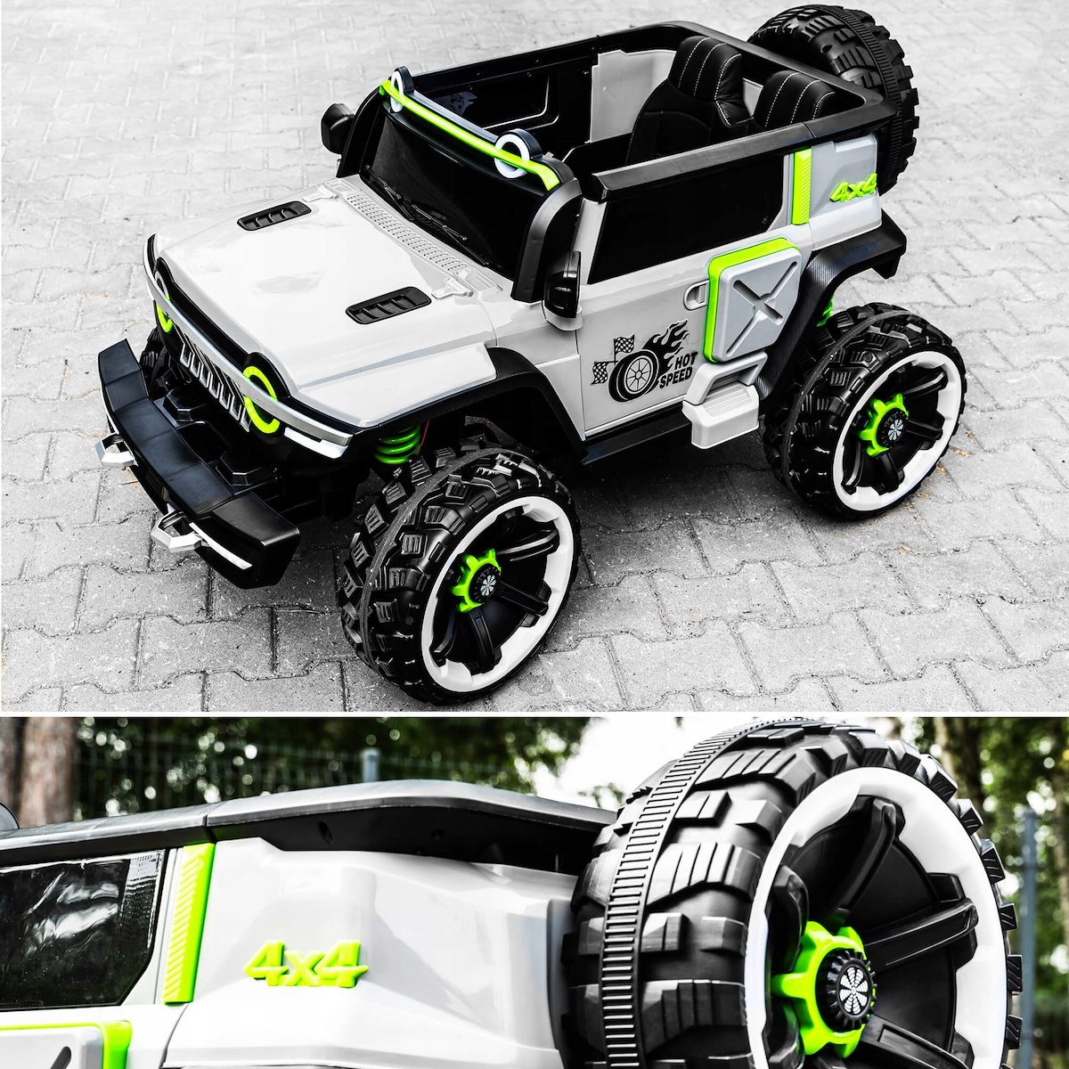 AUTO NA AKUMULATOR 30KG PILOT SKÓRA 4x4 ŚWIATŁA 2 OSOBOWE 4 SILNIKI DZIECI Długość pojazdu 140 cm