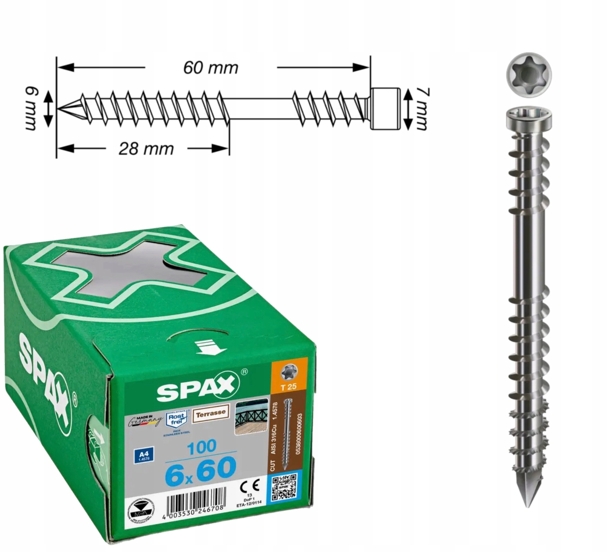 Šrouby na terasovou desku ocel A4 Spax 6 x 60 mm 100 ks