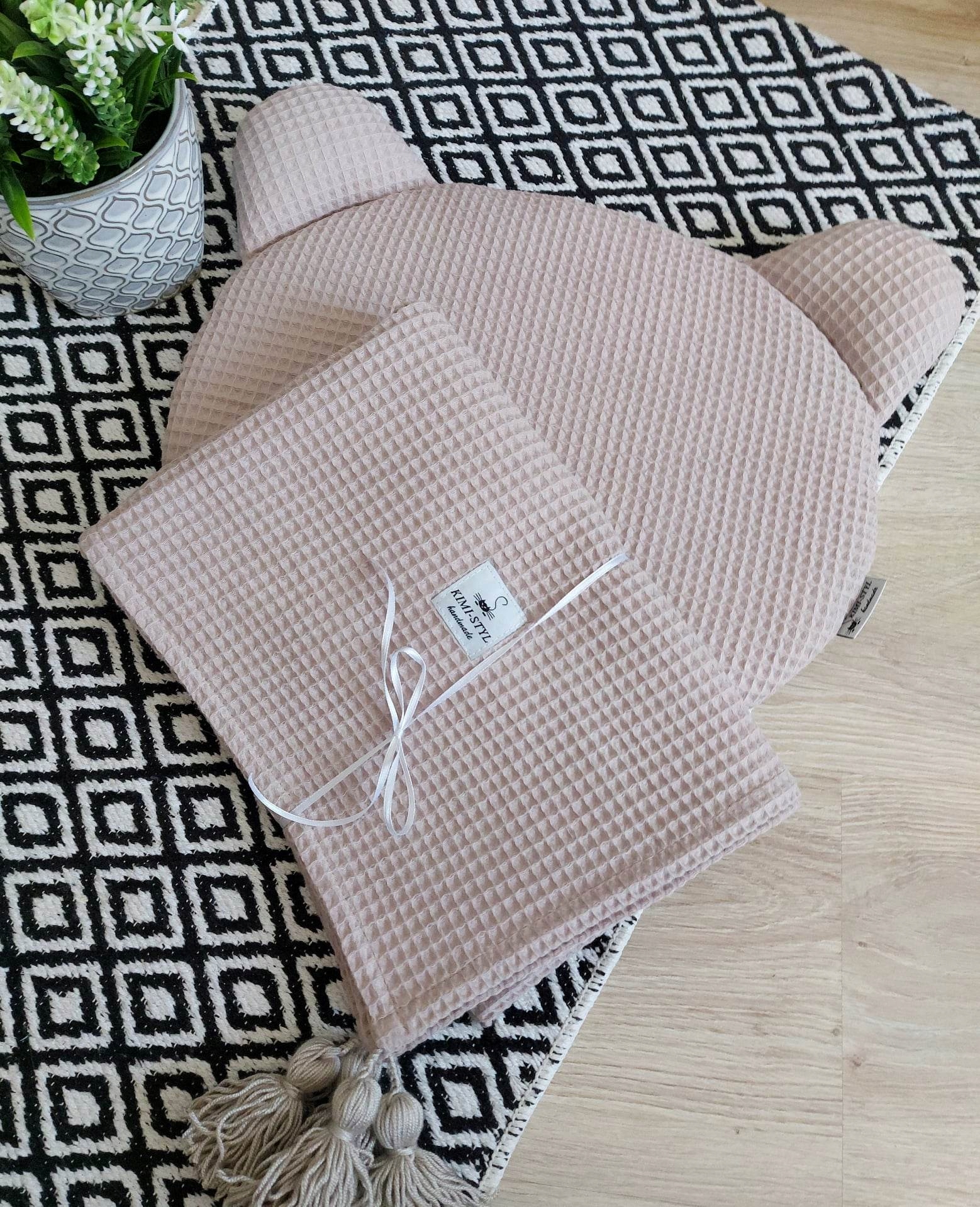 Komplet wafelkowy niemowlęcy kocyk + poduszka MIŚ Długość 75 cm