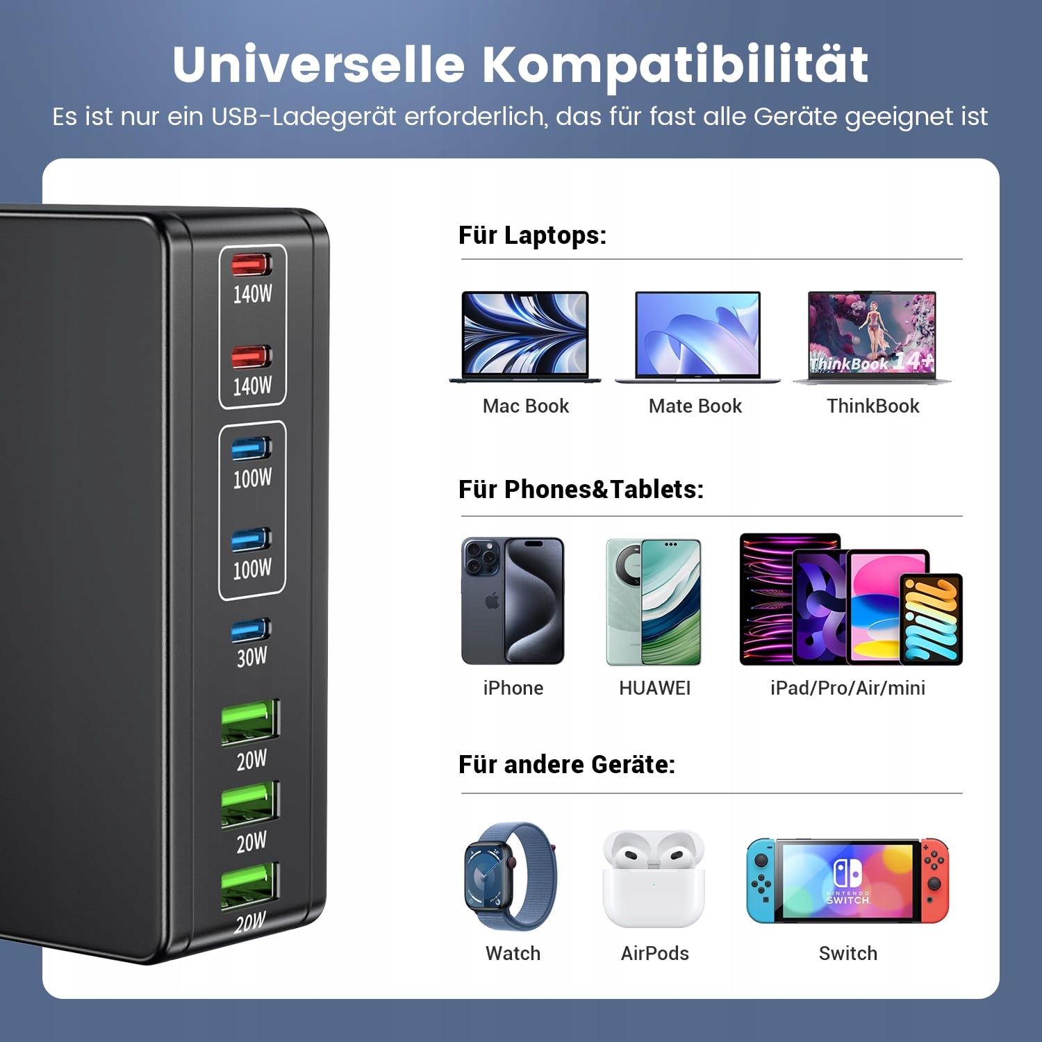HSSNS Ładowarka USB C 570W 8-Portowa Stacja Ładowania Laptop MacBook iPhone — miniatura 4