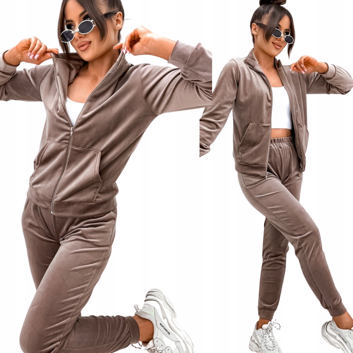Velurový teplákovka dámská mikina na zip kalhoty Cappuccino model 771 L/XL