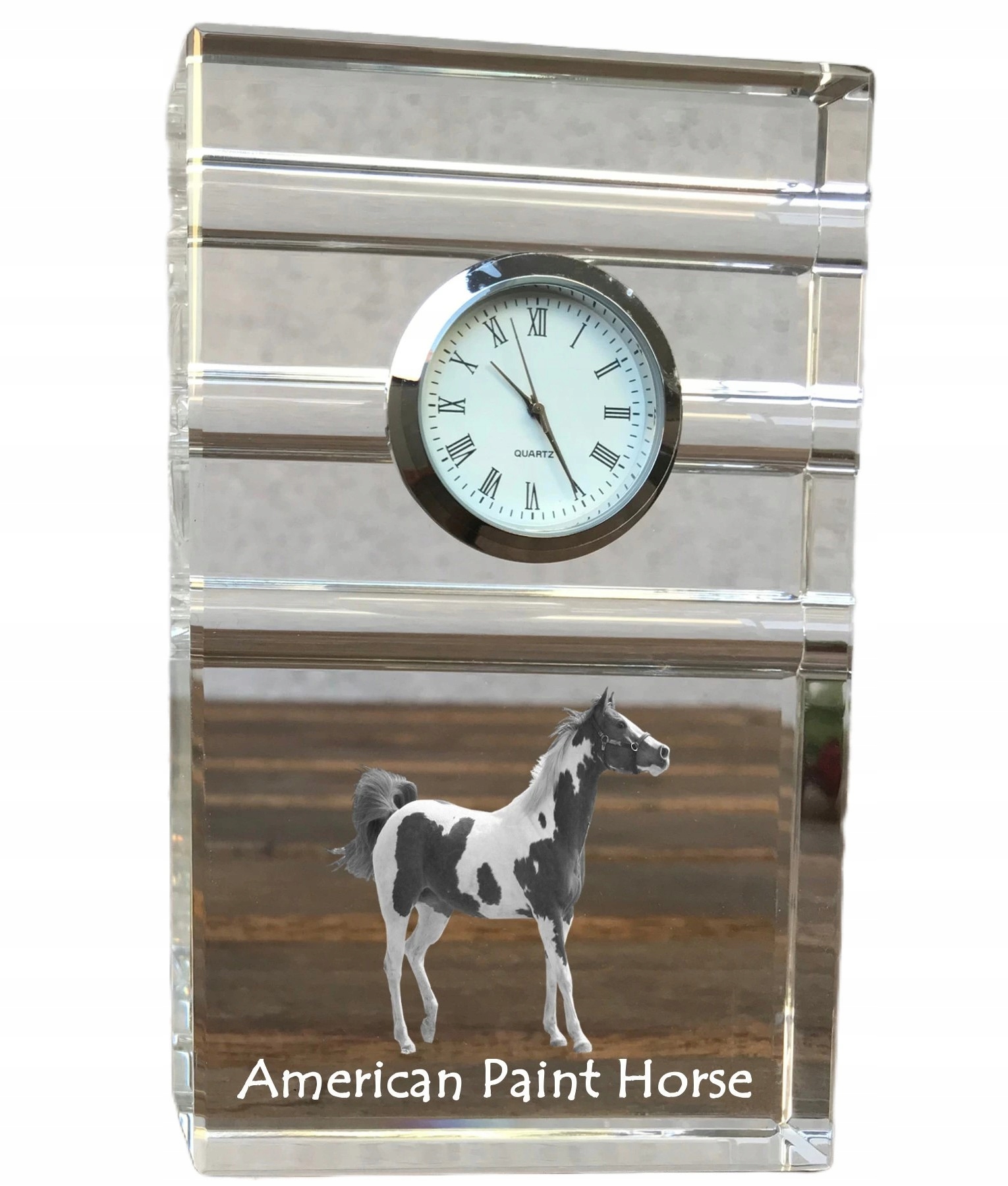 Kôň American Paint krištáľové stolové hodinky s vašou fotografiou, suvenír