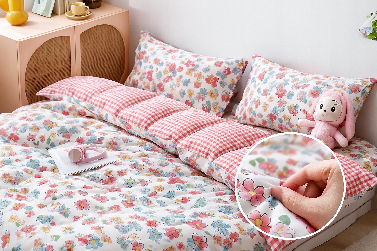 3 częściowy zestaw poszewek na kołdrę z bawełny w różową kwiatową kratę 160×200 cm