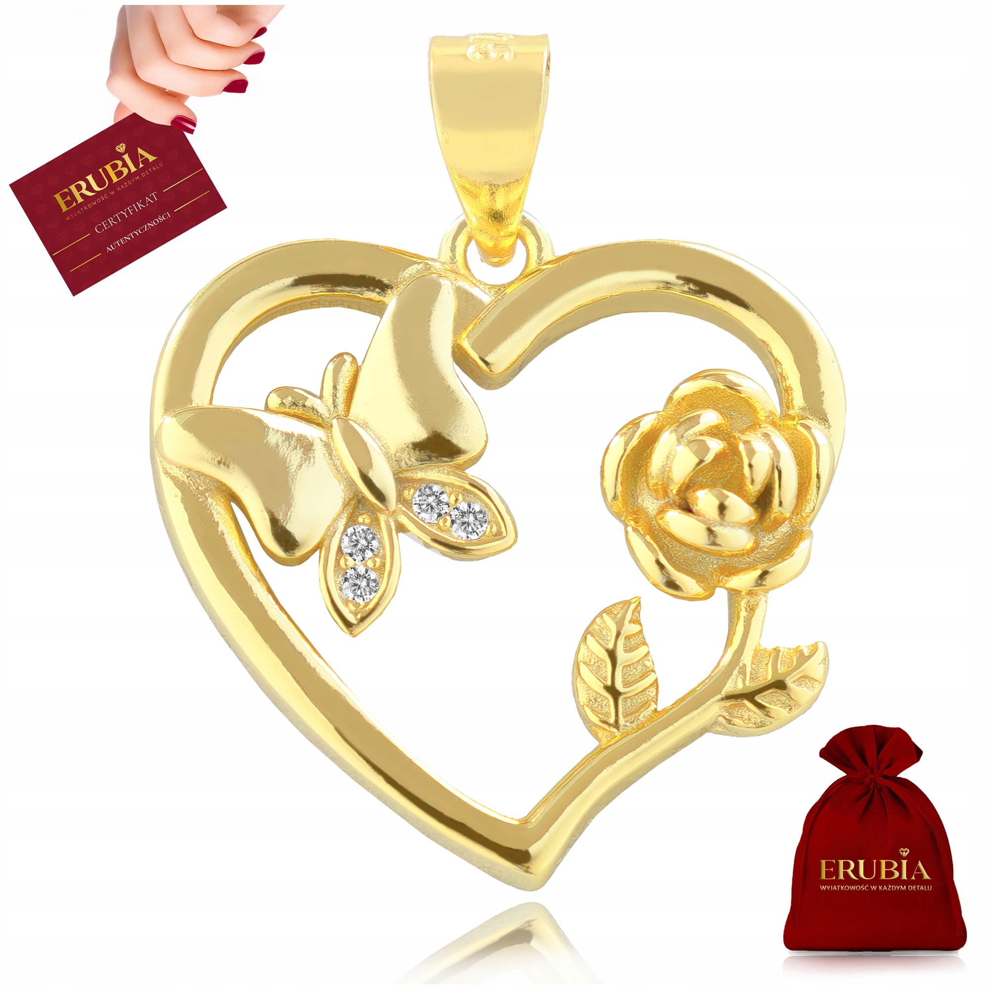 Zlatý Přívěsek Na Řetízek 925 Přívěsek Stříbrný Srdce Růže Motýl Zirkony