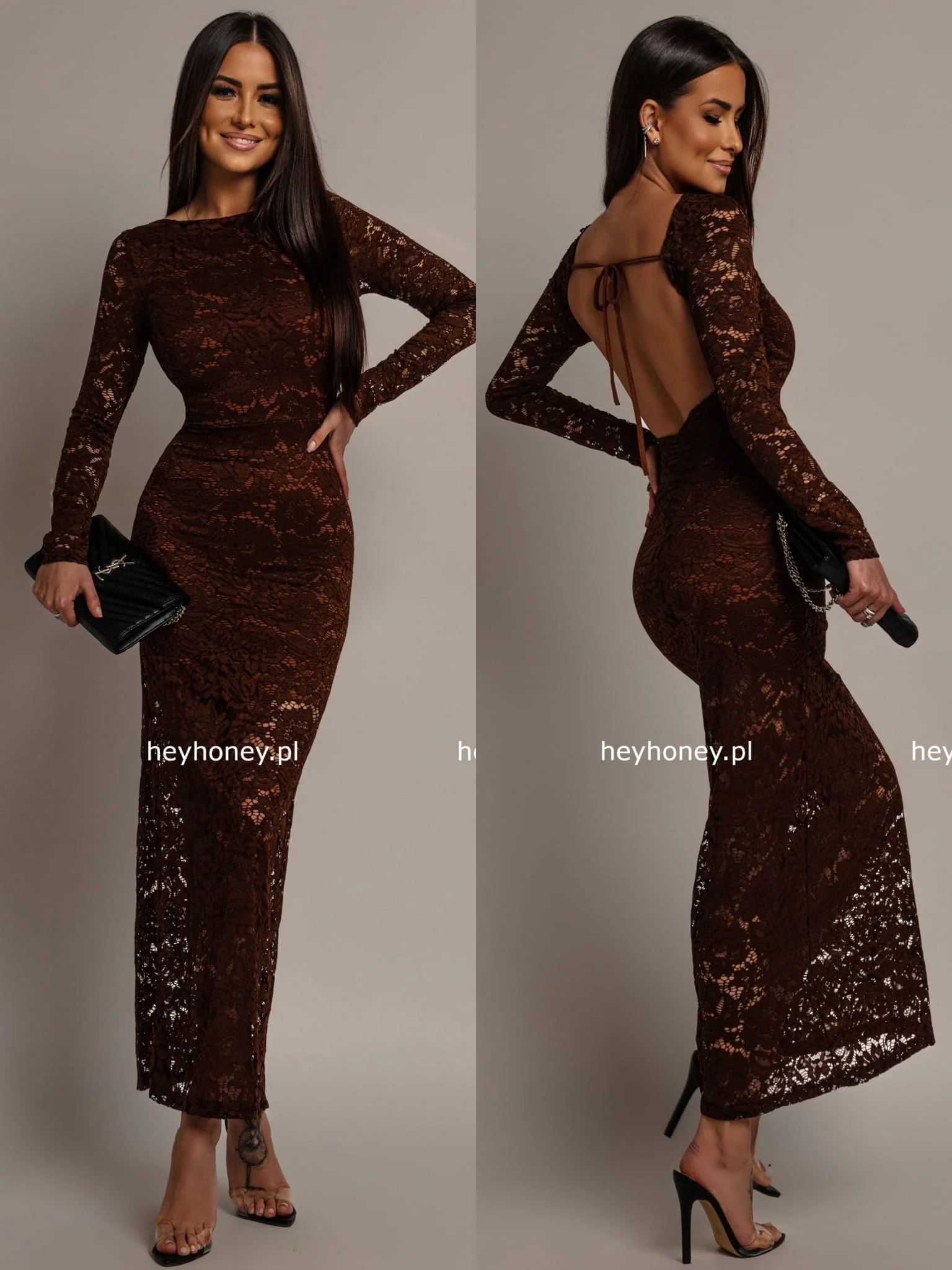 Sukienka Maxi Koronkowa z Odkrytymi Plecami Czekoladowa Endless M