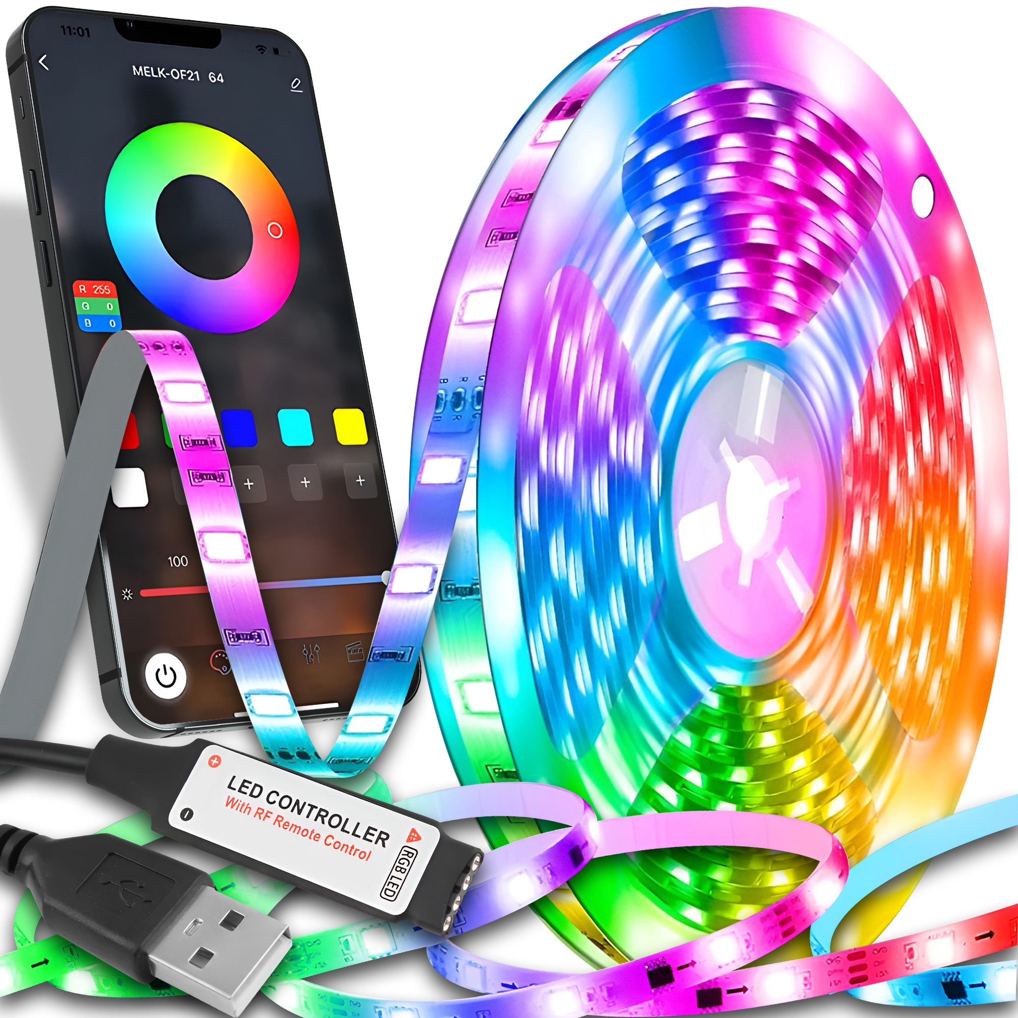 Taśma LED RGB 5050 5M MULTIKOLOR STEROWANA NA TELEFON APLIKACJA MUZYKA USB