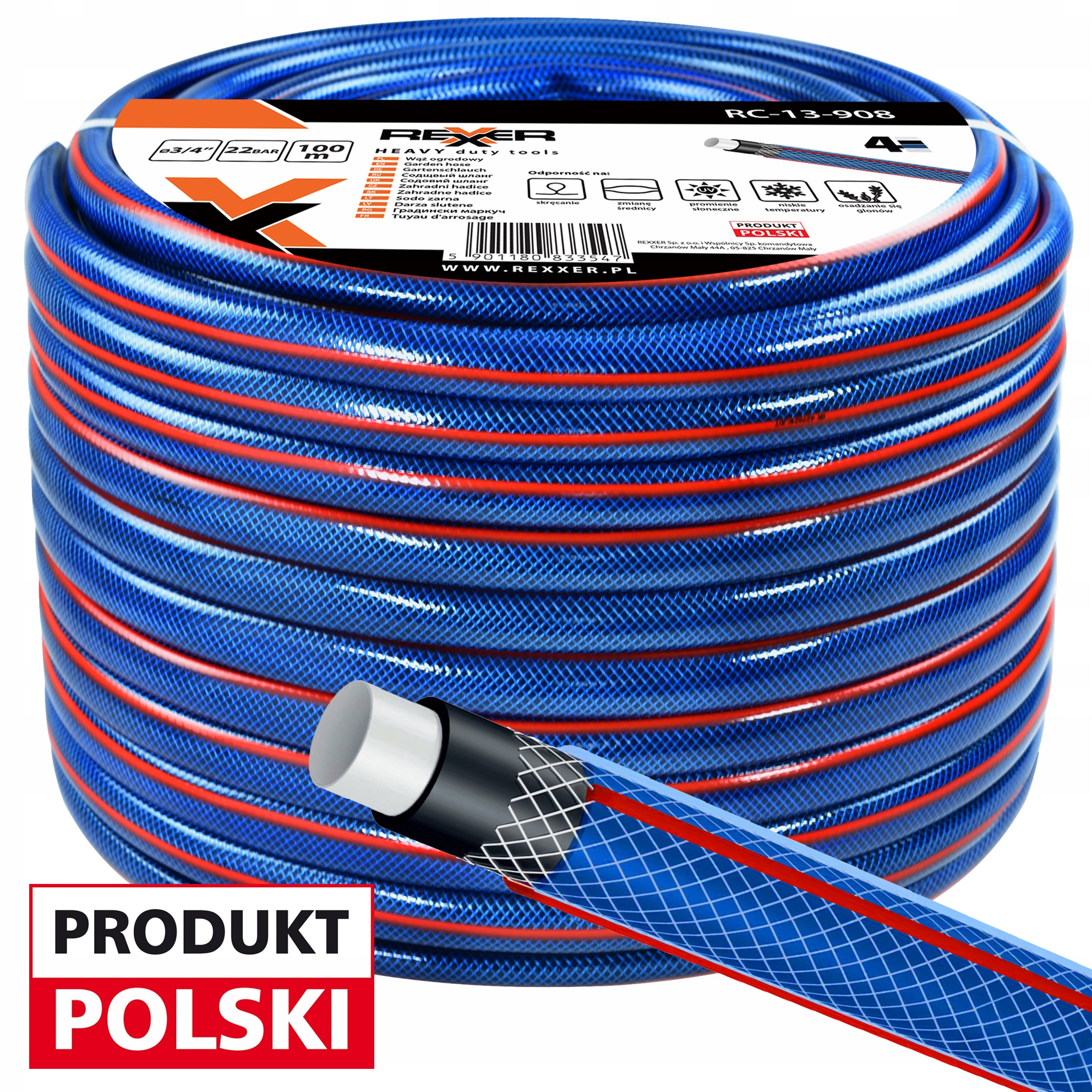 Gumová Záhradná Hadica 3/4" 100 m 4 Vrstvová Ozbrojená Poľský Výrobok