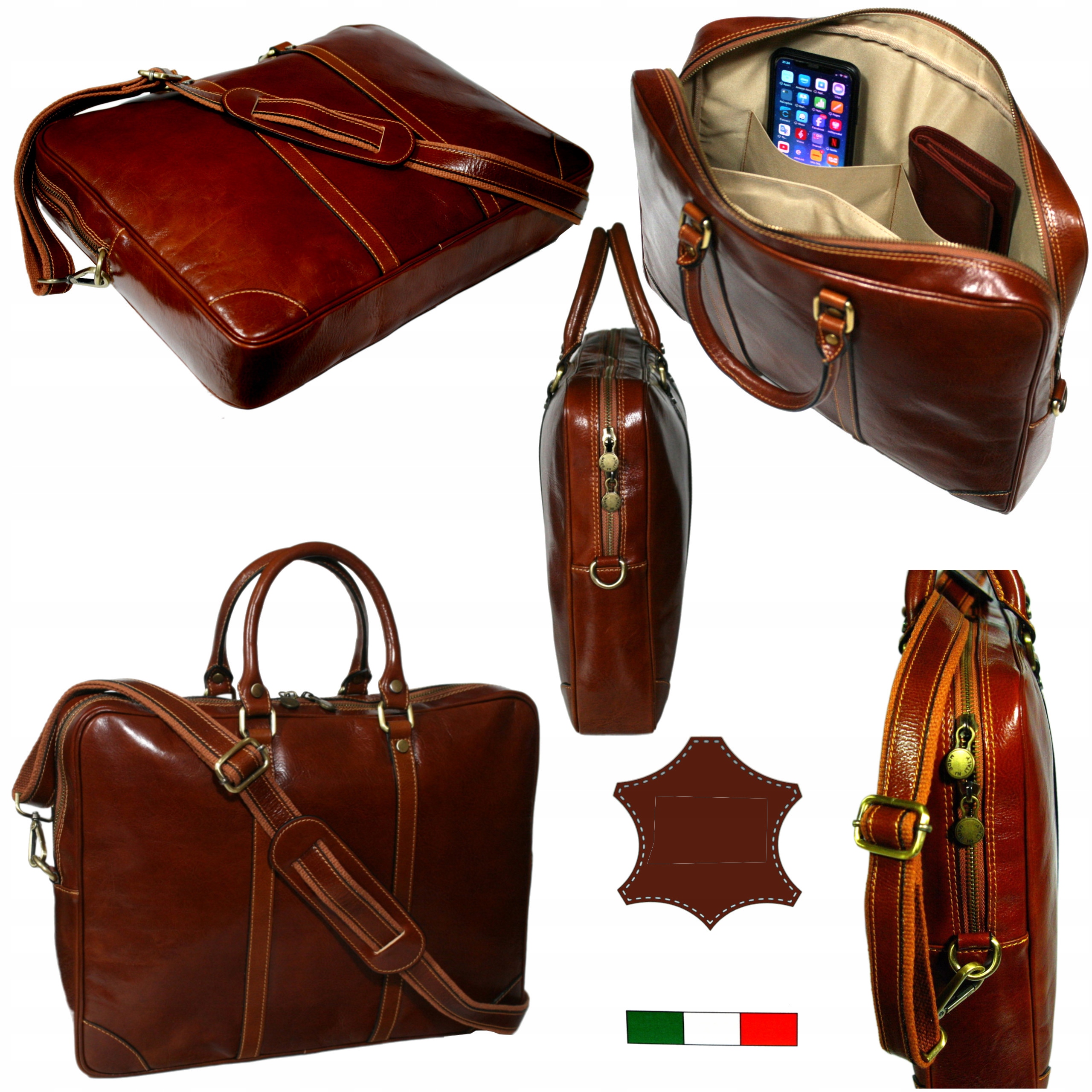 Kožená taška z italské juchtové kůže pojme notebook 15 A4 hnědý