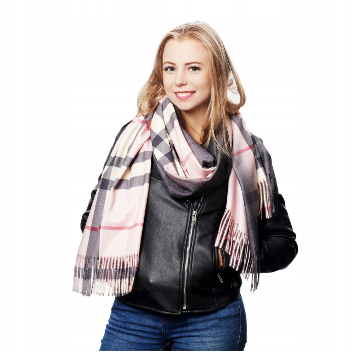 

Szalik damski w kratę modny szal chusta frędzle