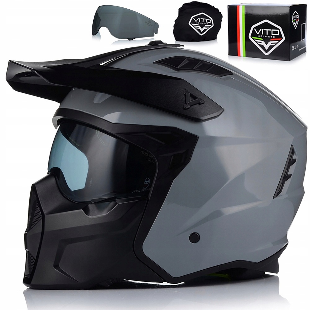 Motocyklová Prilba 4v1 Vito Predator Grey Odnímateľná Čepeľ Strieška Blenda