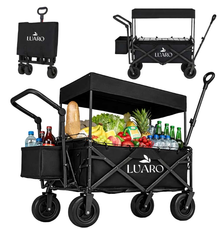 Plážový skládací přepravní vozík Luaro se stříškou a síťkou, černý