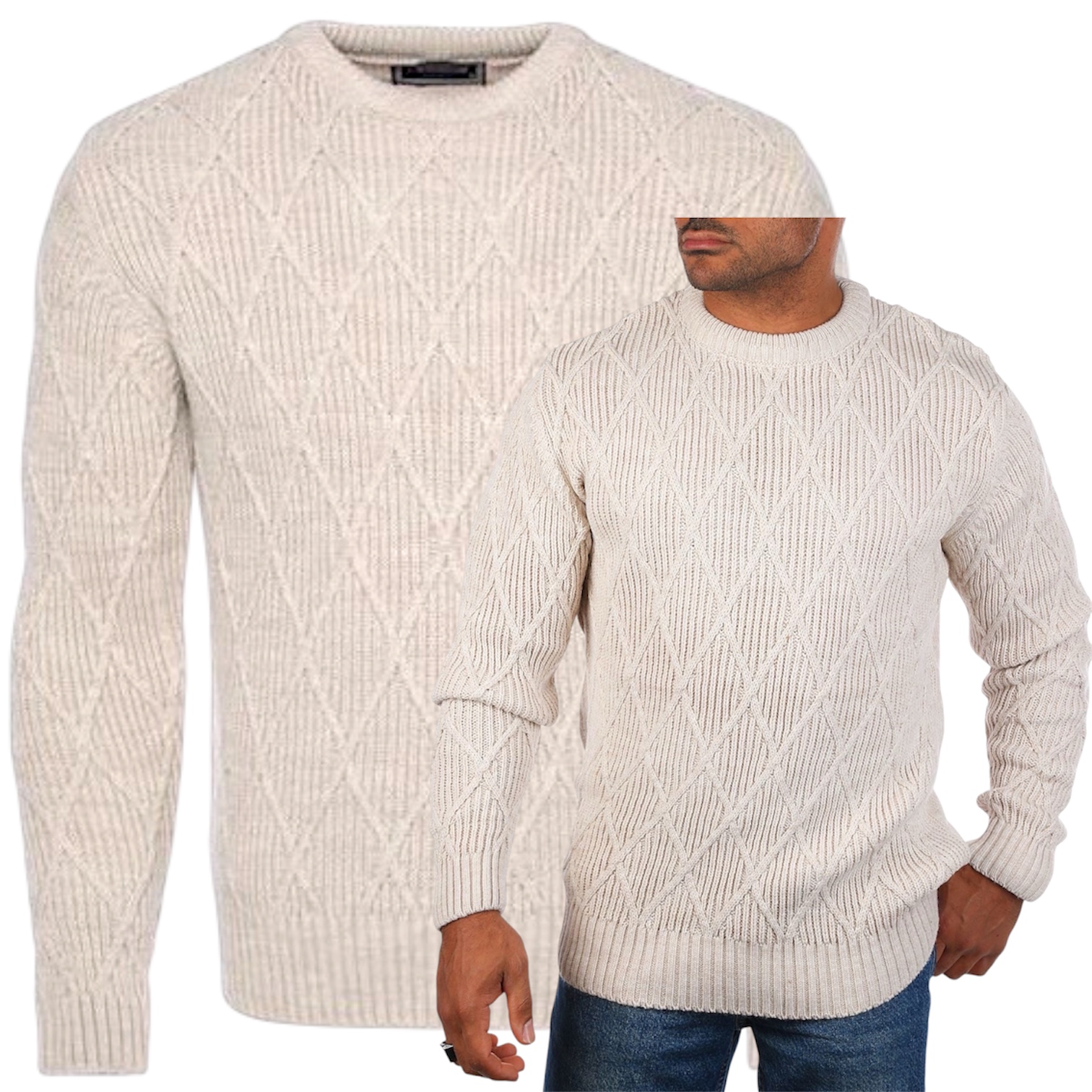 Pánský svetr Elegantní Tlustý Teplý Romby s kulatým výstřihem Béžová XL