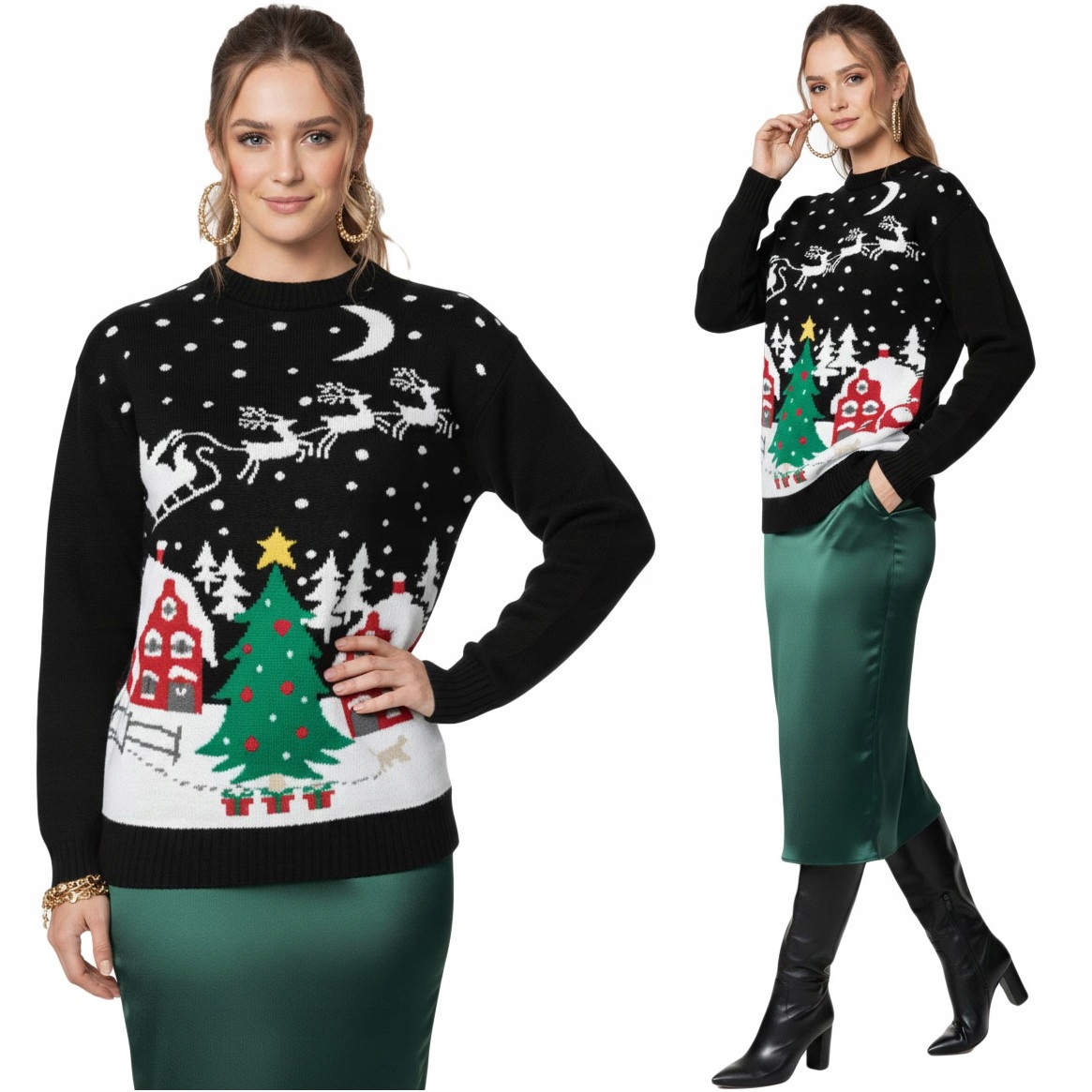 Elegantní dámský vánoční svetr černý stylový svátky Štědrý večer XXL