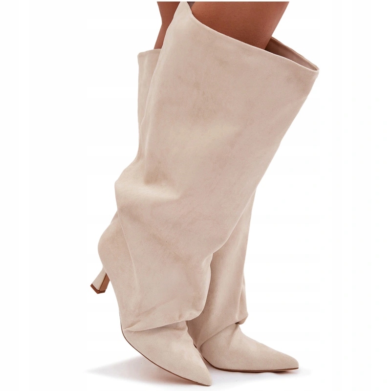 Dámské Kozačky Eko Semiš Podpatek Široký Svršek Nazouvací Béžové 40