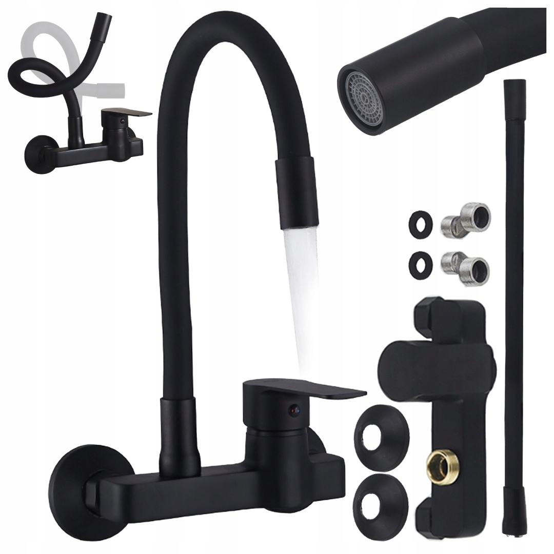 Kuchyňská Nástěnná Baterie S Kohoutkem Largo, Ohebná, Černá Výtoková Základna, Černá