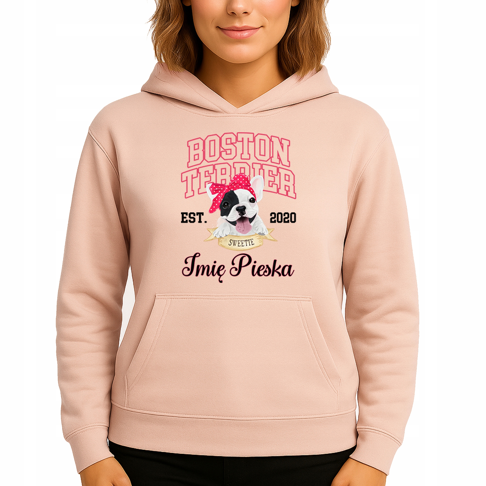 Mikina S Kapucí Broskvová bavlněná Boston Teriér Jméno Psa Vel S