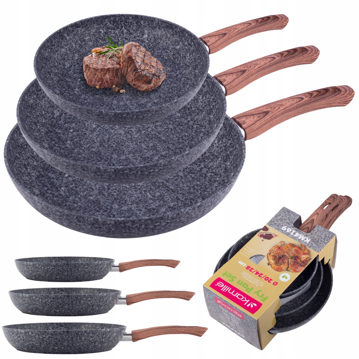 Zestaw Patelni Granitowych 3 szt Komplet Indukcja Nieprzywierające Kamille