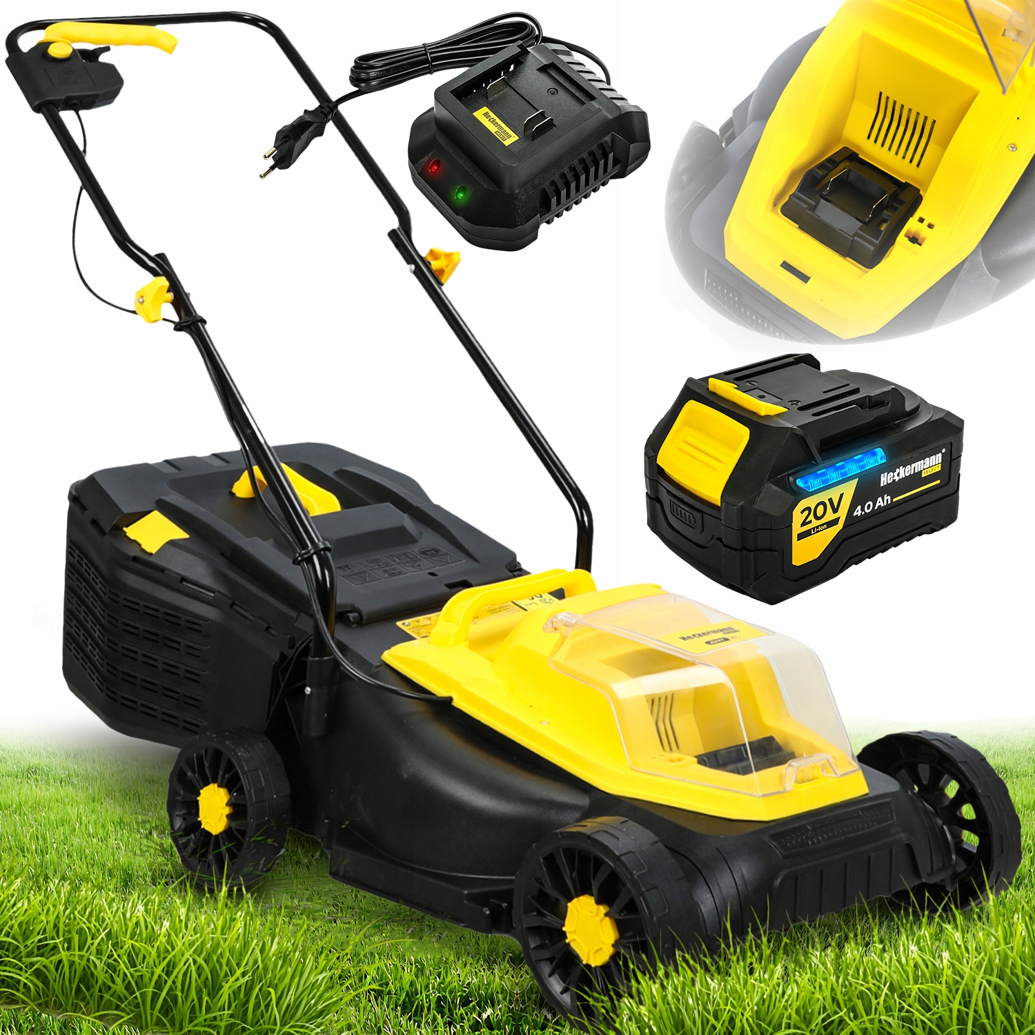 KOSIARKA AKUMULATOROWA 32CM ELEKTRYCZNA OGRODOWA DO TRAWY 20V KOSZ 35L 4Ah