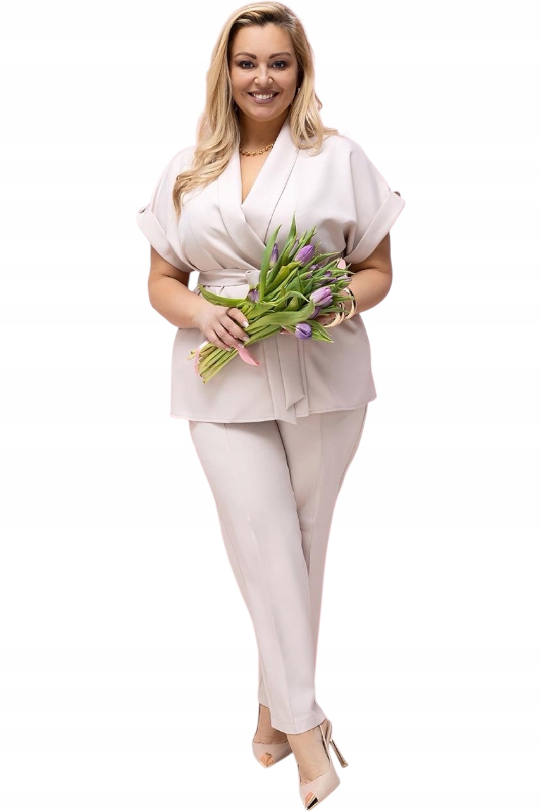 Komplet garniturowy, garnitur krótki rękaw, plus size rozmiar 44 beżowy