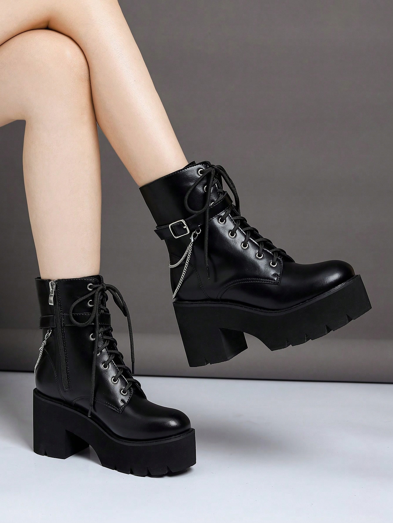 Kanady kožené kozačky na platformě s podpatkem Shein černé, 41 eur