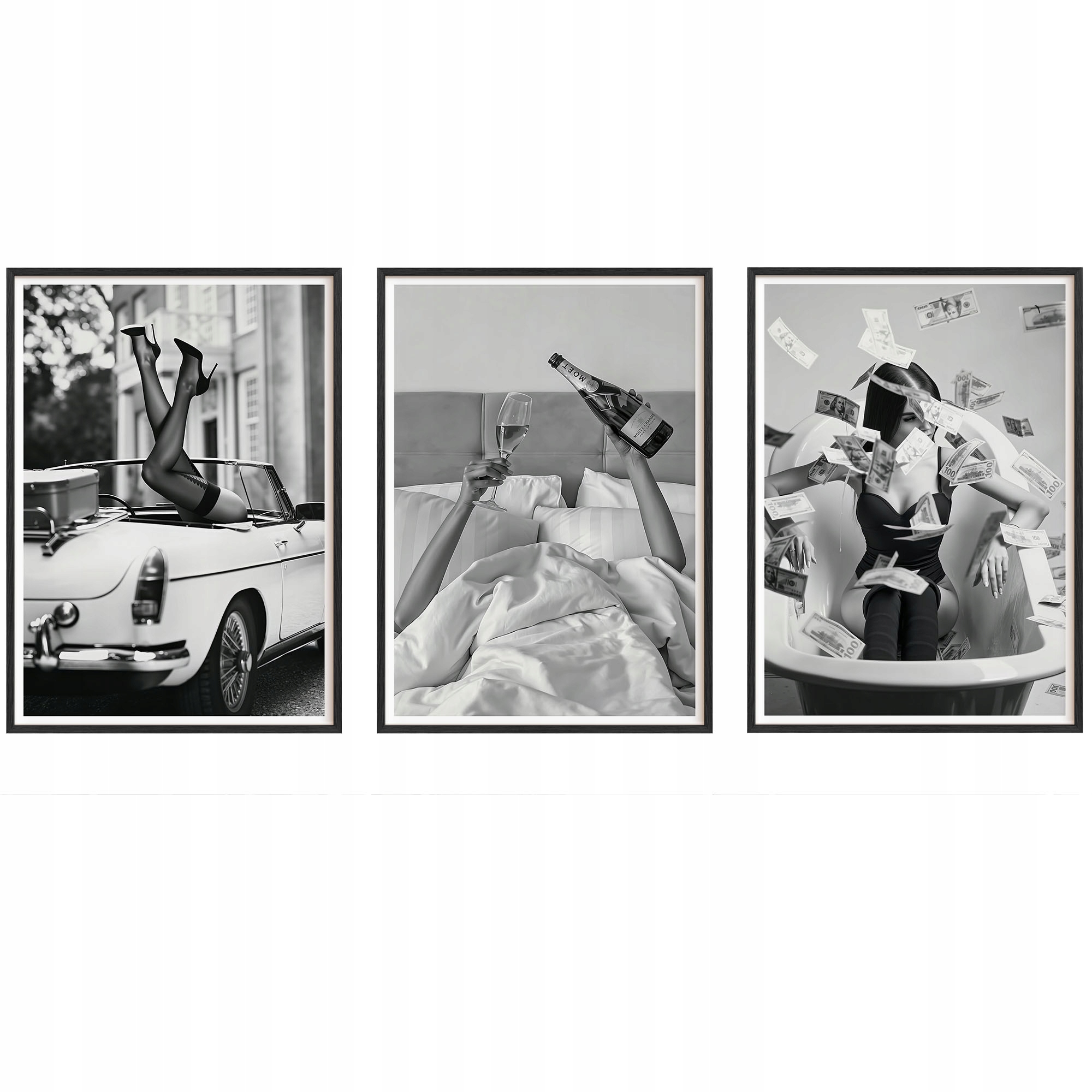 Obrazy Moet Luxury Glam Plagáty Drevené rámy Čierne 3ks 30x42 cm