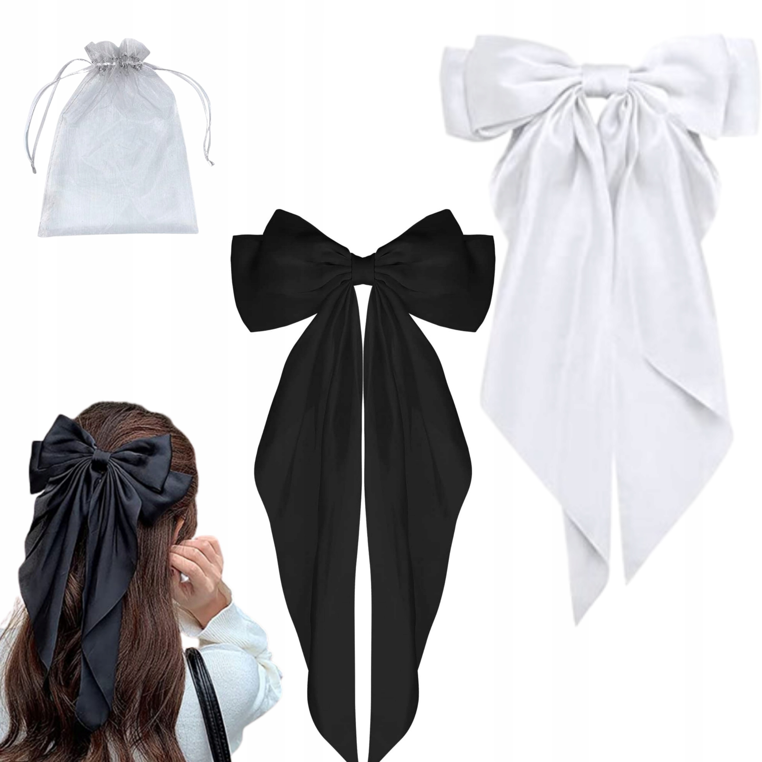 DUŻA kokarda do włosów CZARNA BIAŁA spinka klamra