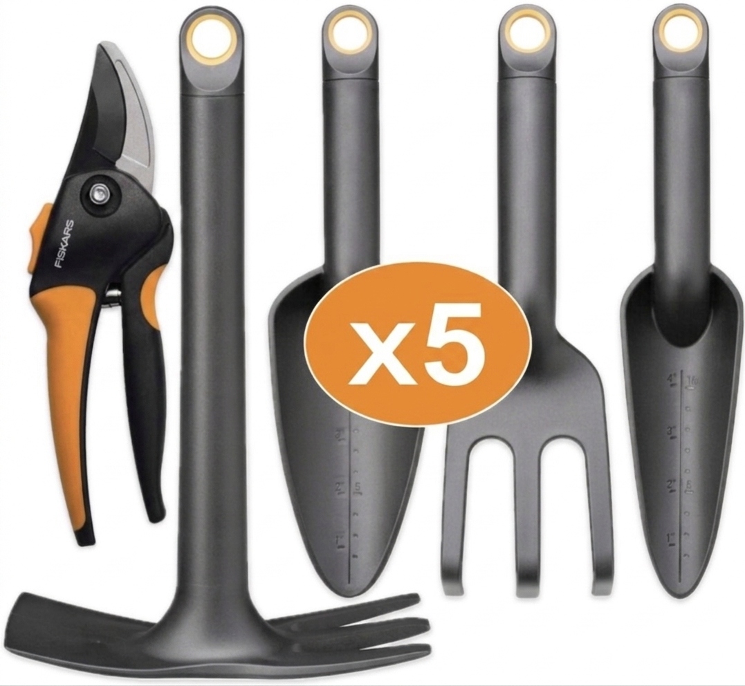 Fiskars Narzędzia Ogrodnicze Łopatka Grabki Motyczka Sekator 5 szt Zestaw