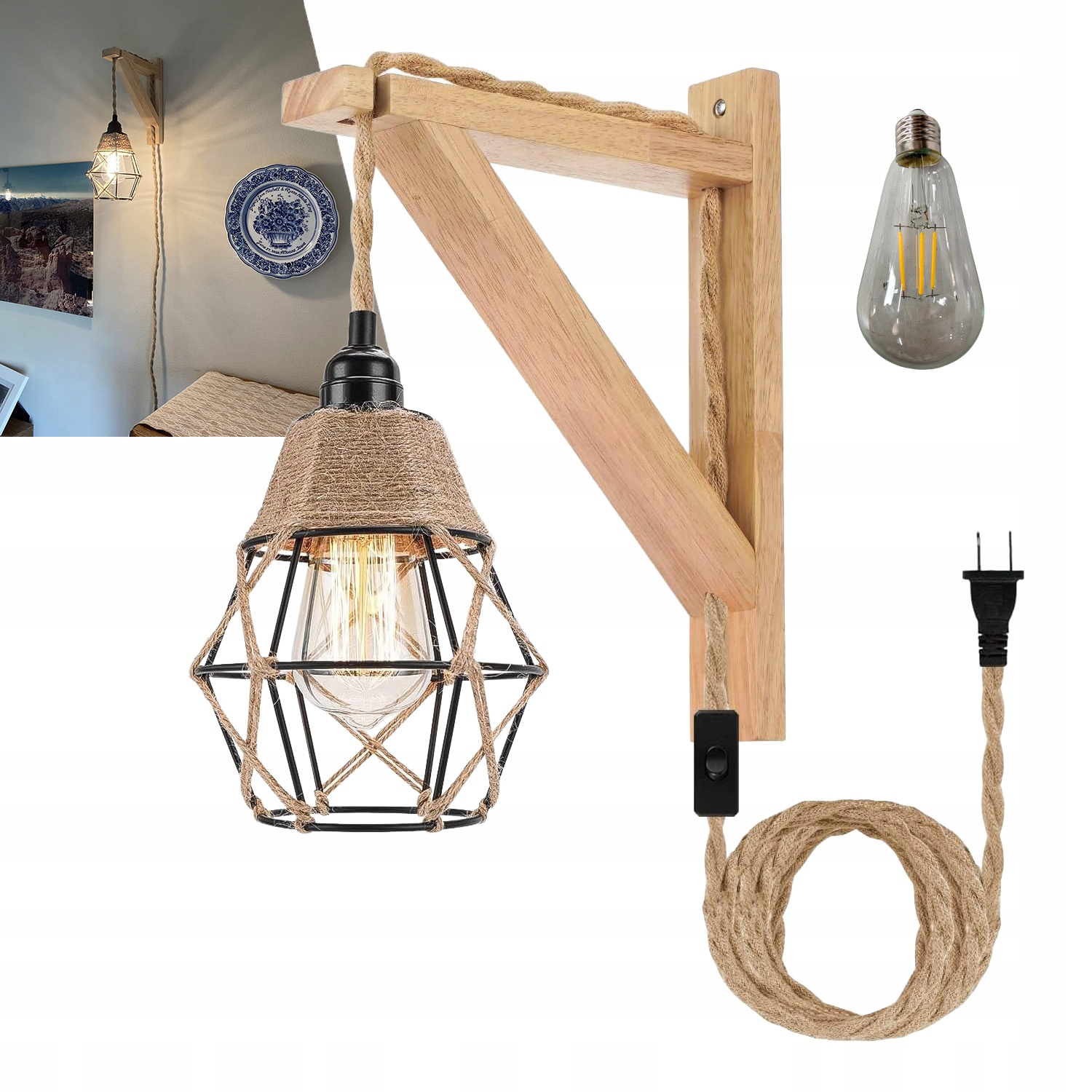 Lampa Ścienna Kinkiet z Wtyczką E27 Loft Drewno Boho Retro Włącznik Kabel