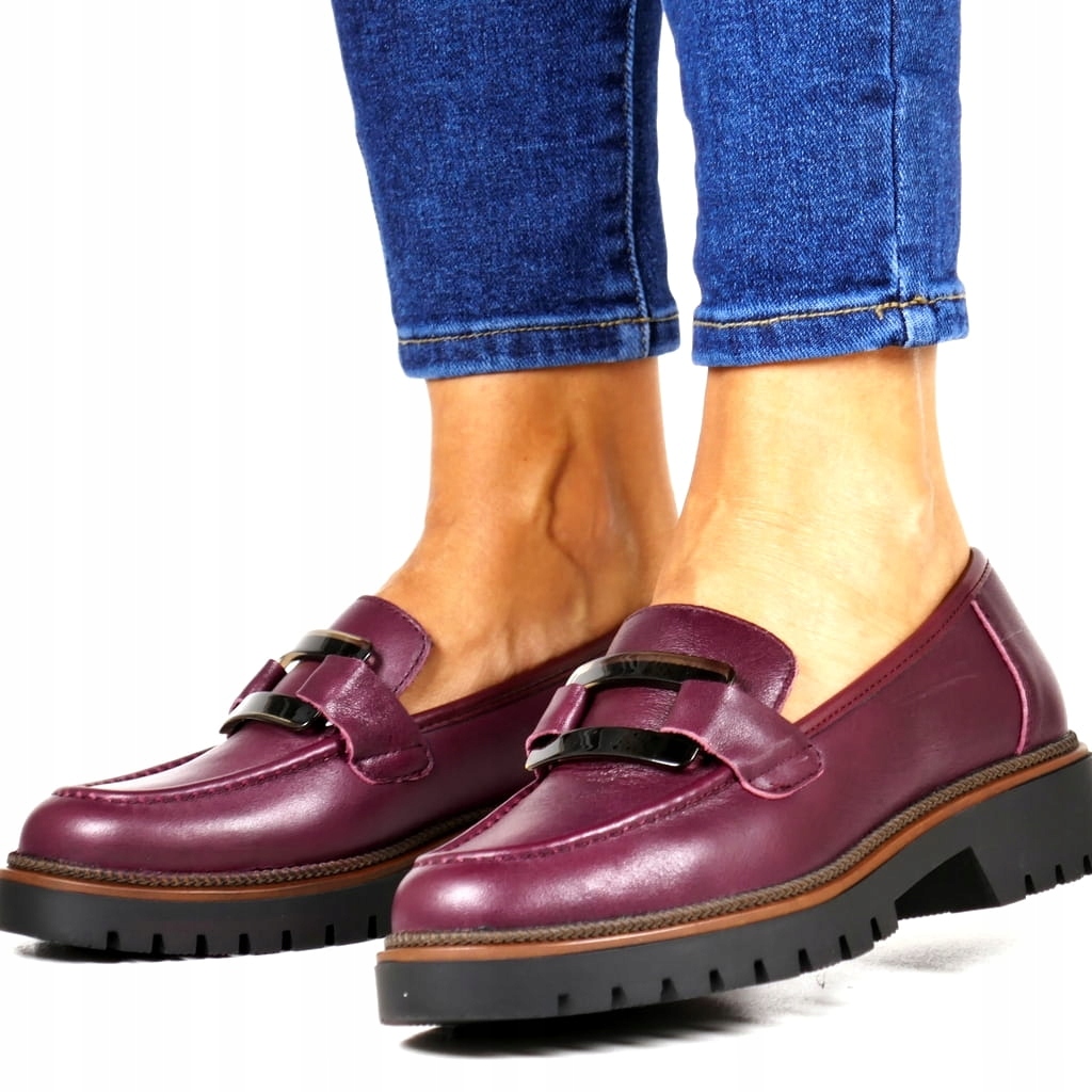 Bordové Kožené Polobotky Na Silnější Podrážce, Podzimu, Hnědé Mokasíny