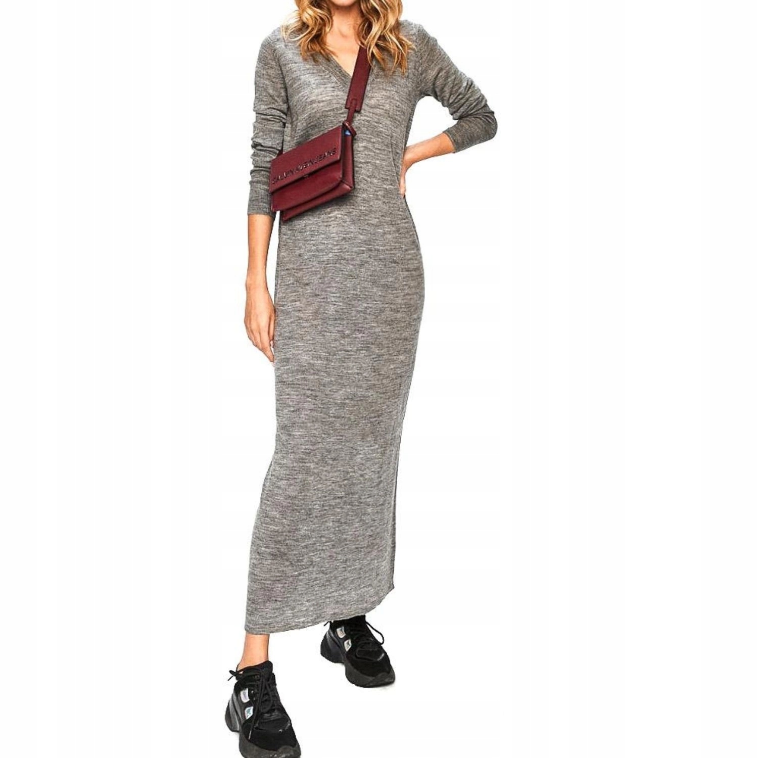 Šaty pletená Pepe Jeans dámská, šedá vlna alpaka midi melanž, velikost S