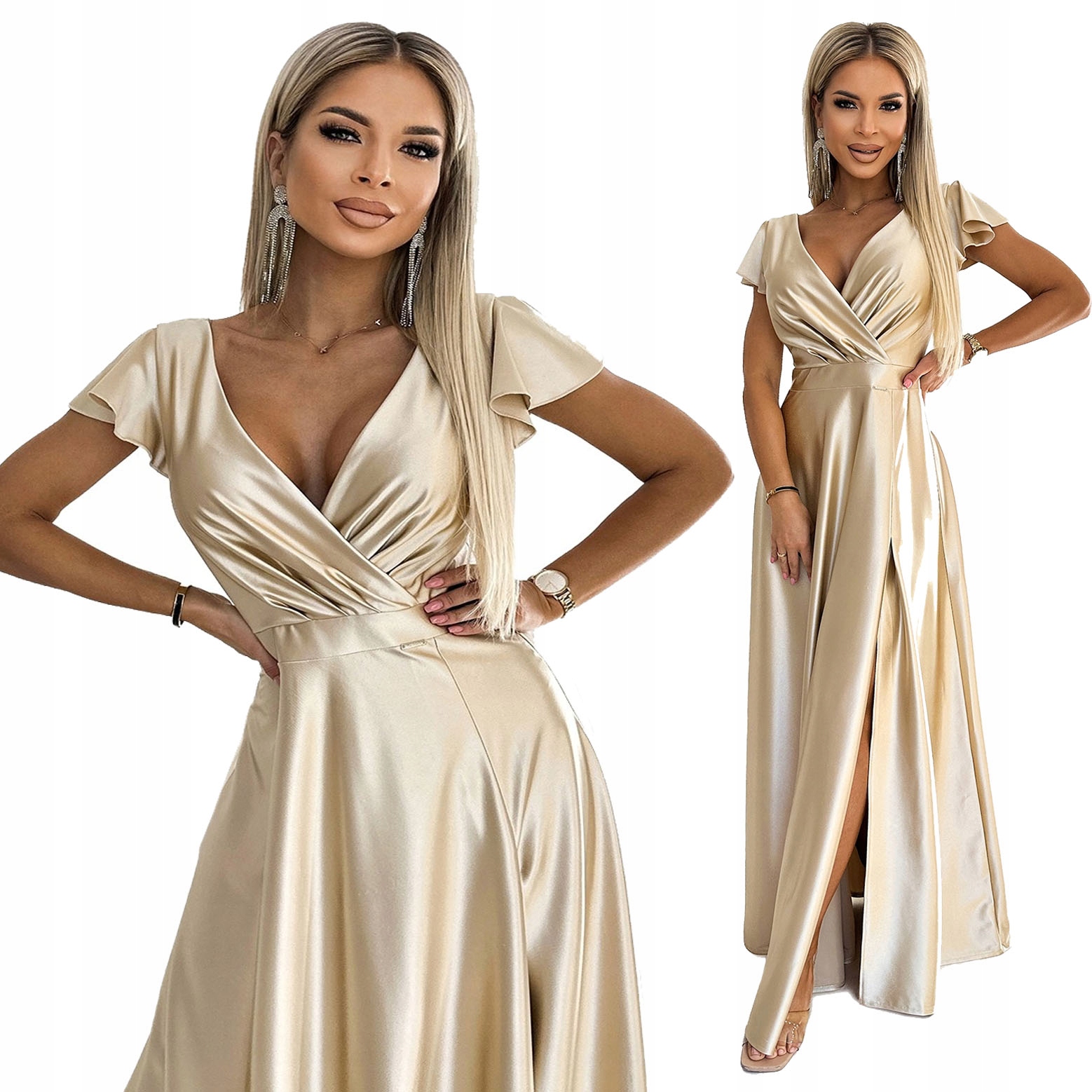 Efektní Dlouhé Maxi Saténové Plesové Šaty S Výstřihem Do Zlata Xs