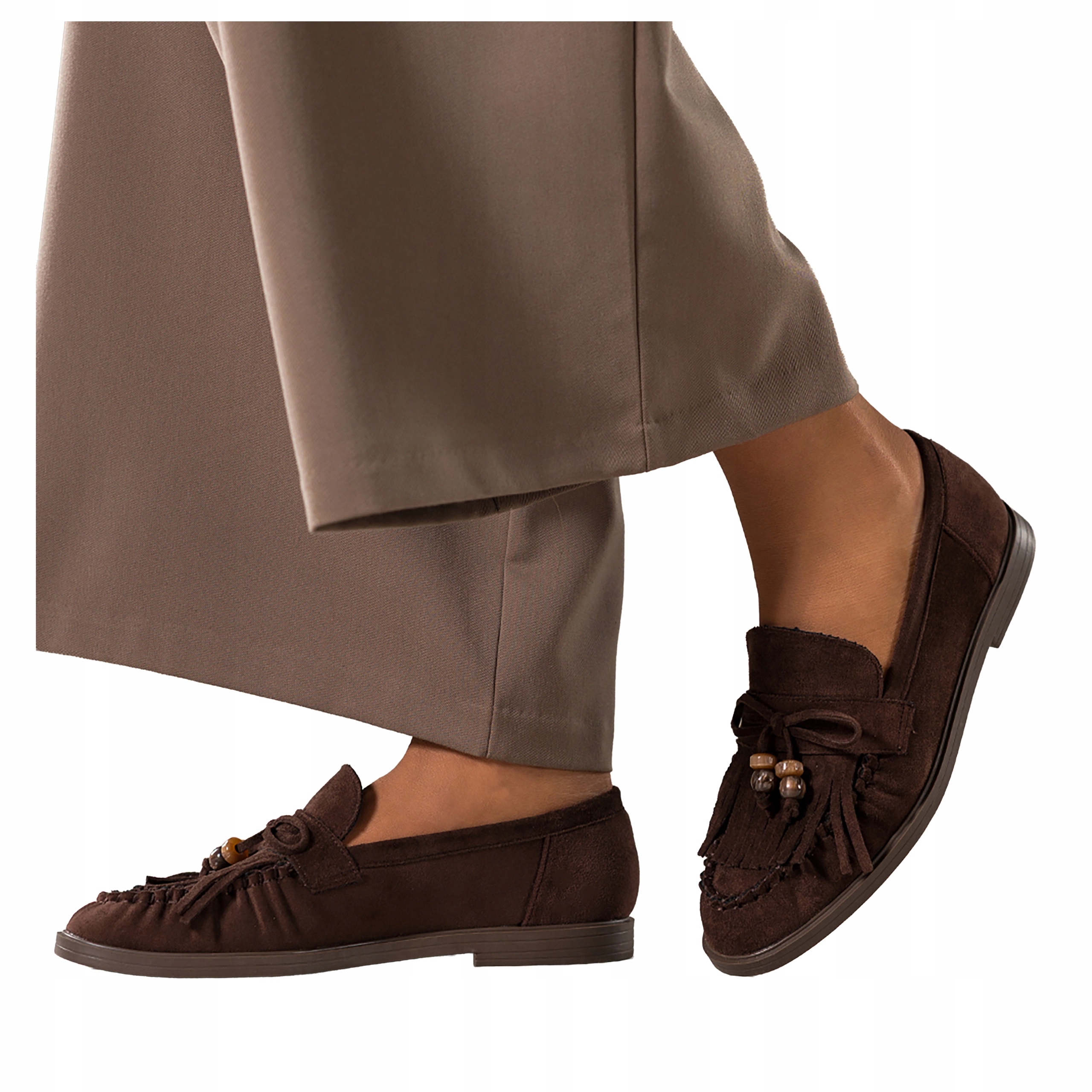 Čokoládové Mokasíny Dámské Ploché polobotky s třásněmi a korálky, velikost 40