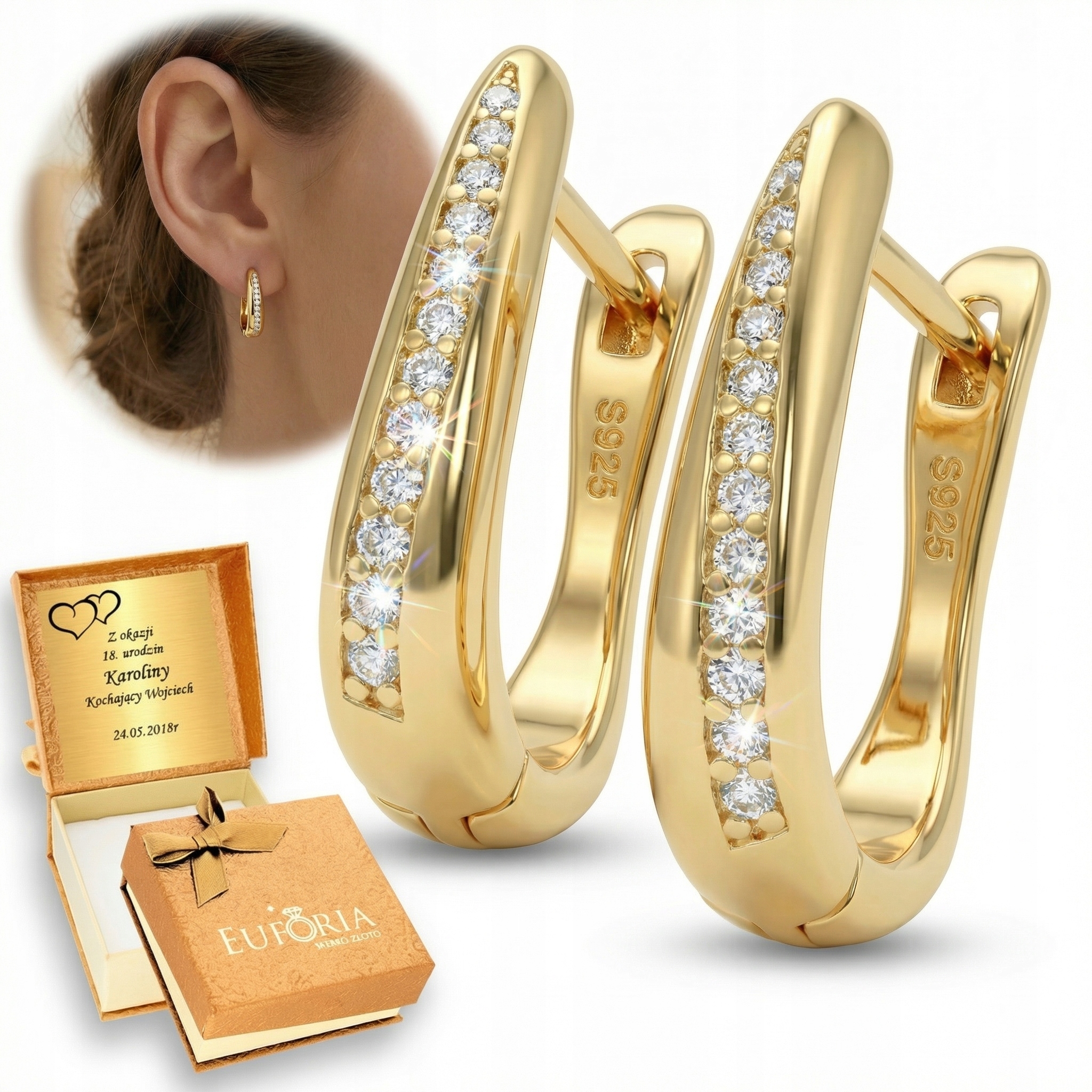 Złote Kolczyki 925 Angielskie Cyrkoniami dla kobiety Grawer