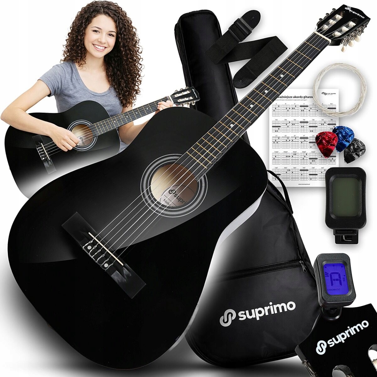 Kytara Klasická Akustická 4/4 Pro Začátečníky Příslušenství Bonus Kostky