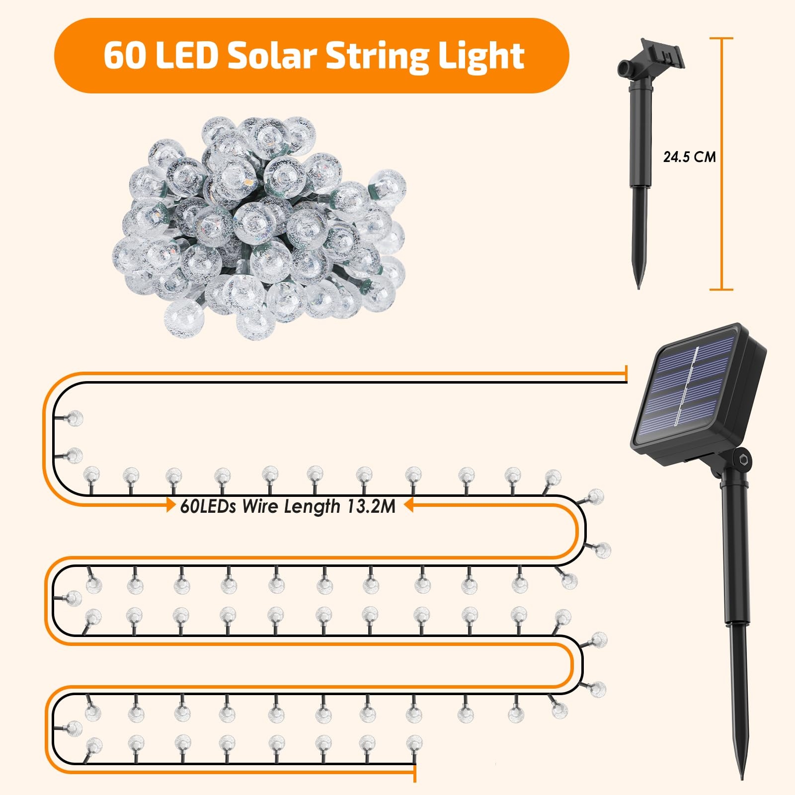 SOLAR Łańcuch Zewnętrzny 60 LED 13,2M IP65 Balkon Ogród — miniatura 7