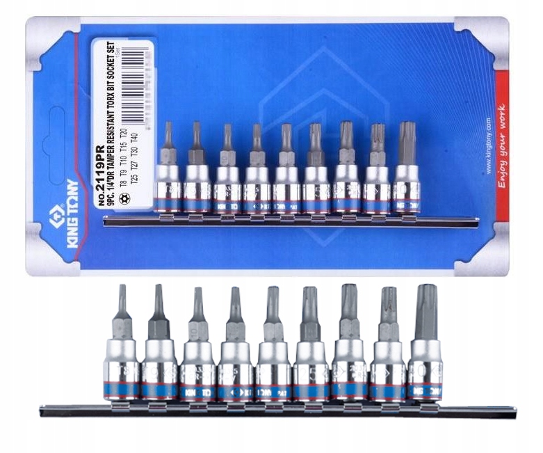 Komplet Nasadek 1/4'' Torx T8-T40 Z Otworem Szyna 9 El. 2119PR King Tony