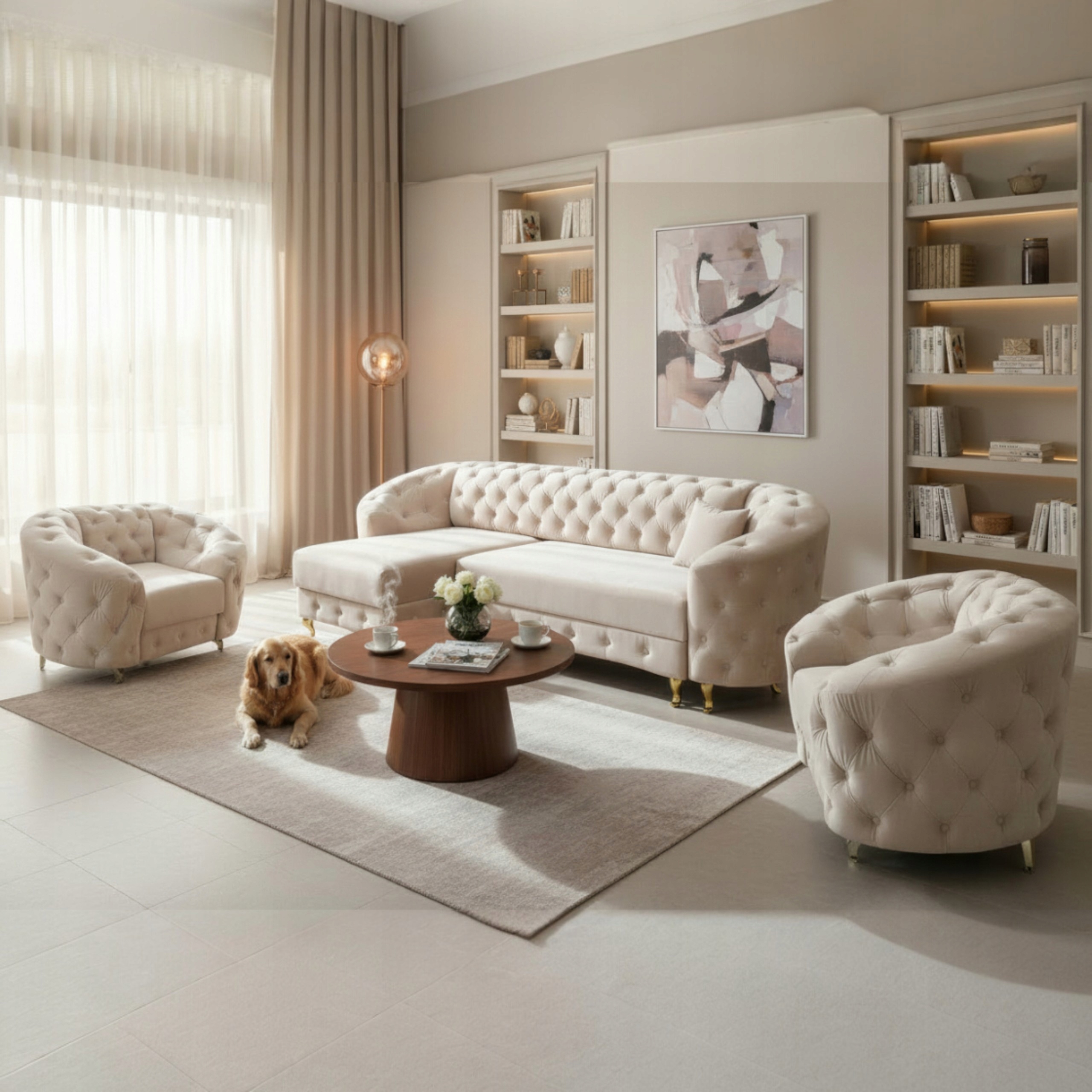 ZESTAW WYPOCZYNKOWY MEBLI PIKOWANYCH DO SALONU W STYLU CHESTERFIELD