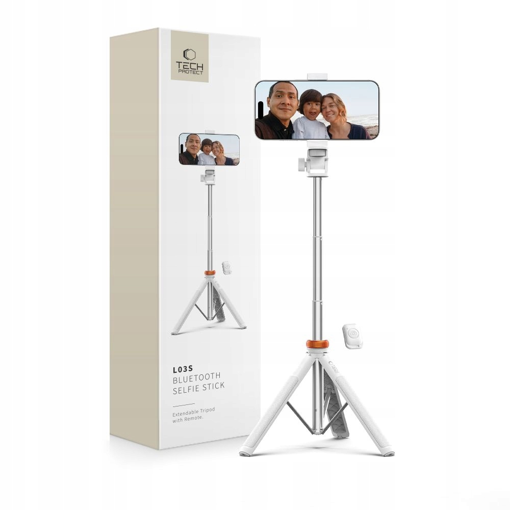 Tech-Protect L03S Bluetooth selfie tyč s tripodem, dálkové ovládání 148 cm, bílá