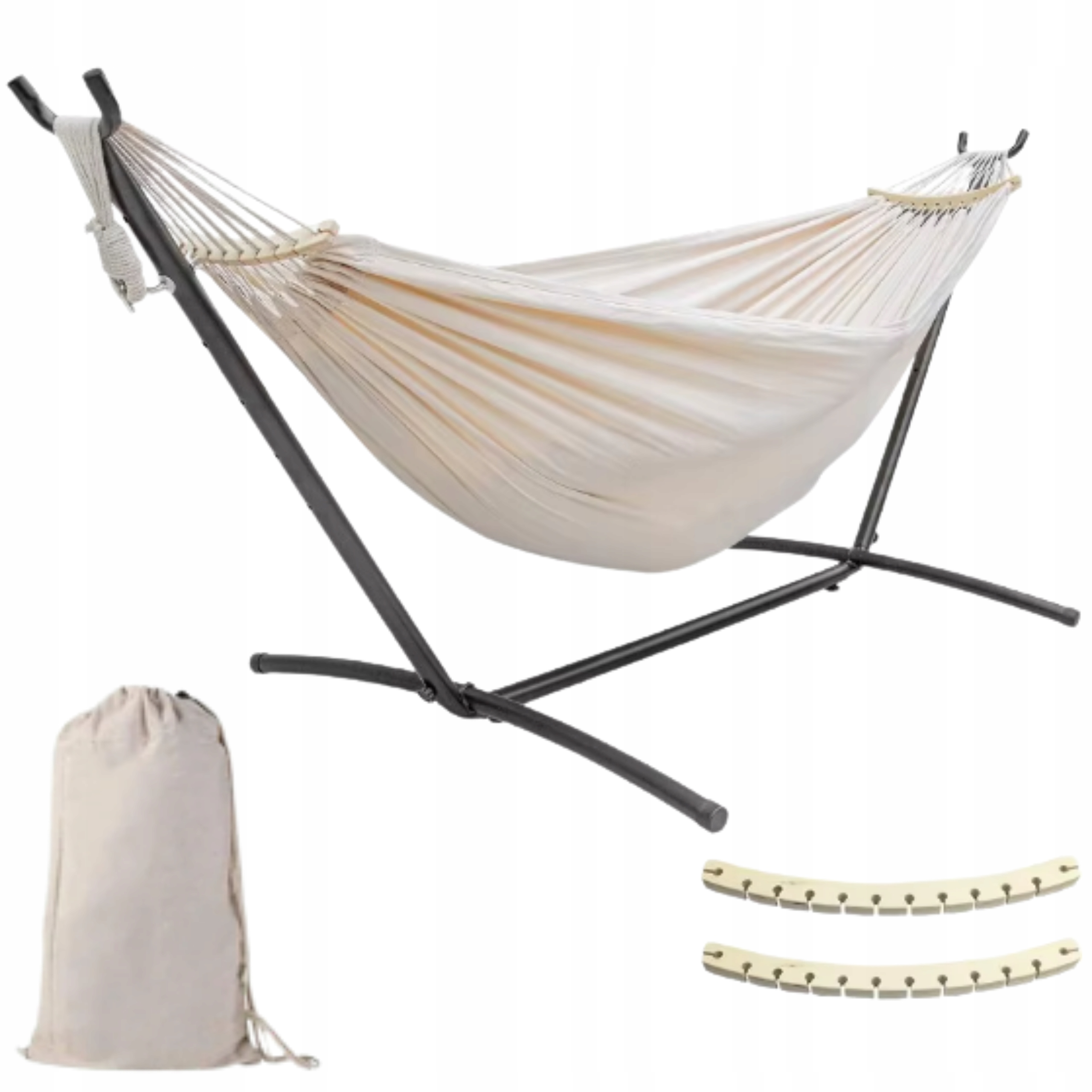Hamak Ogrodowy Ze Stelażem Metalowym Na Stojaku Beżowy Boho Taras Torba