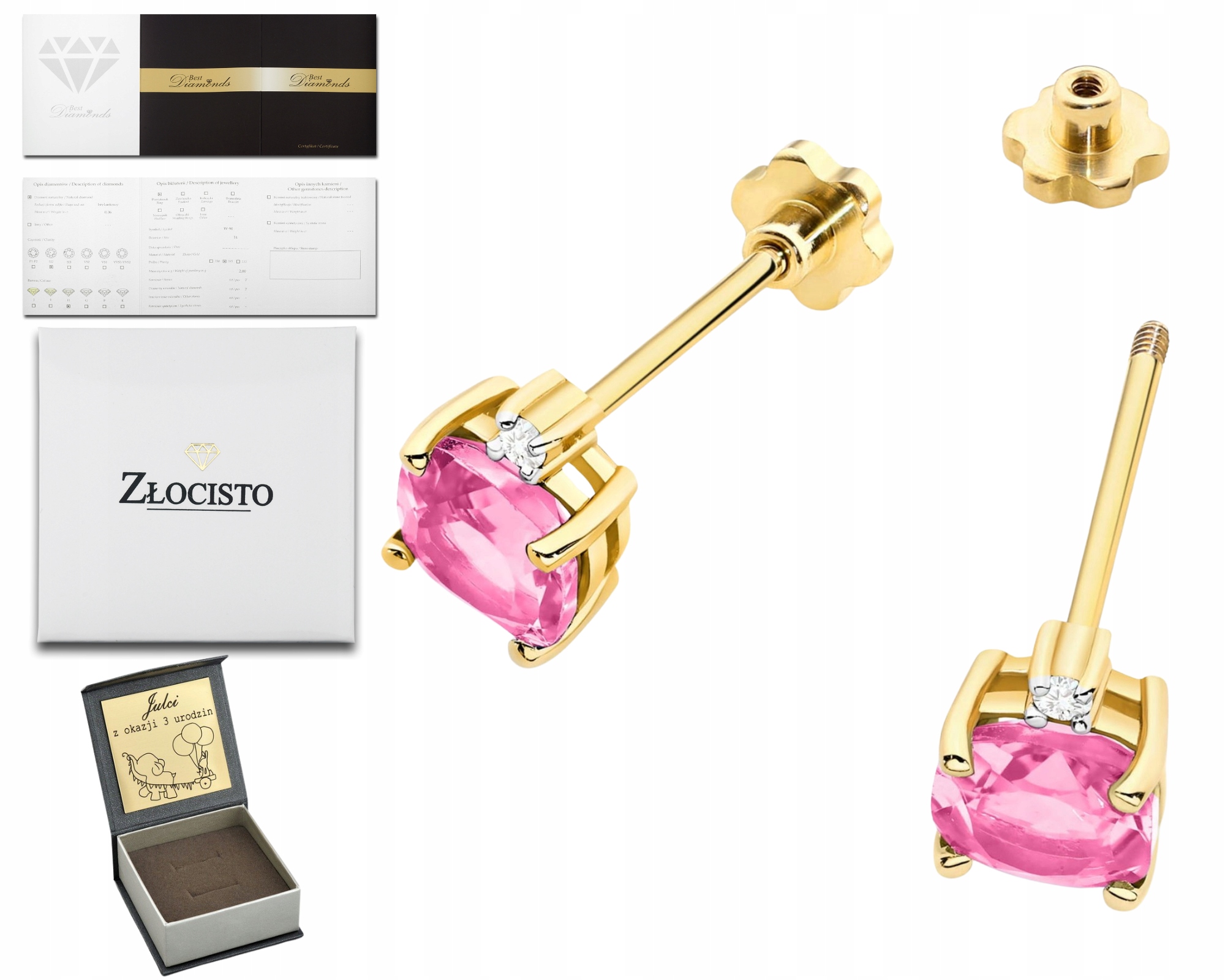 Zlaté Náušnice Růžový Topaz Briliantový Šroubovací Šňůra Zlato 585 Dárek