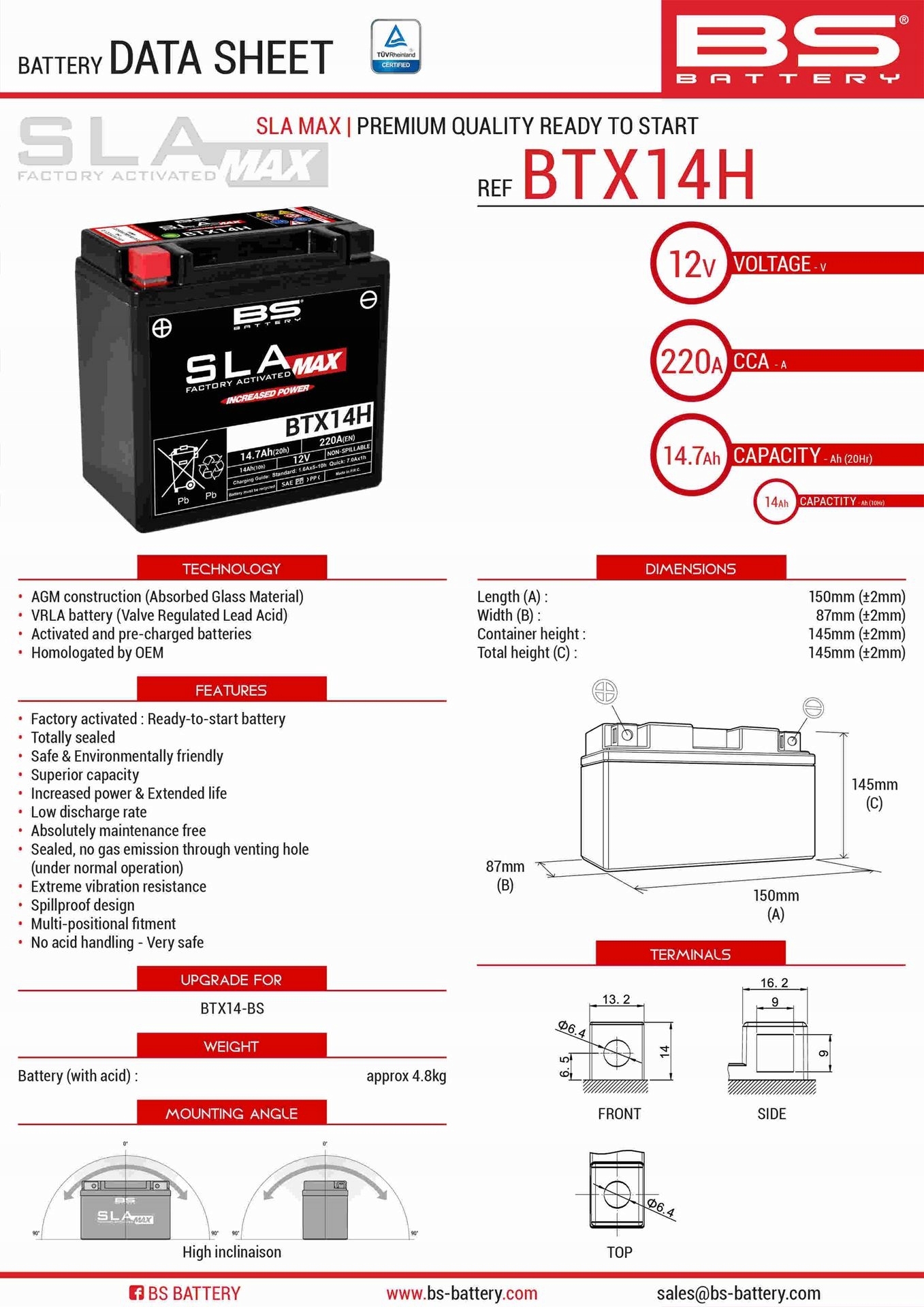 Bs Batéria BTX14H Max (fa) (YTX14-BS) 12V 14AH 150X87X145 Bezobs Lužný
