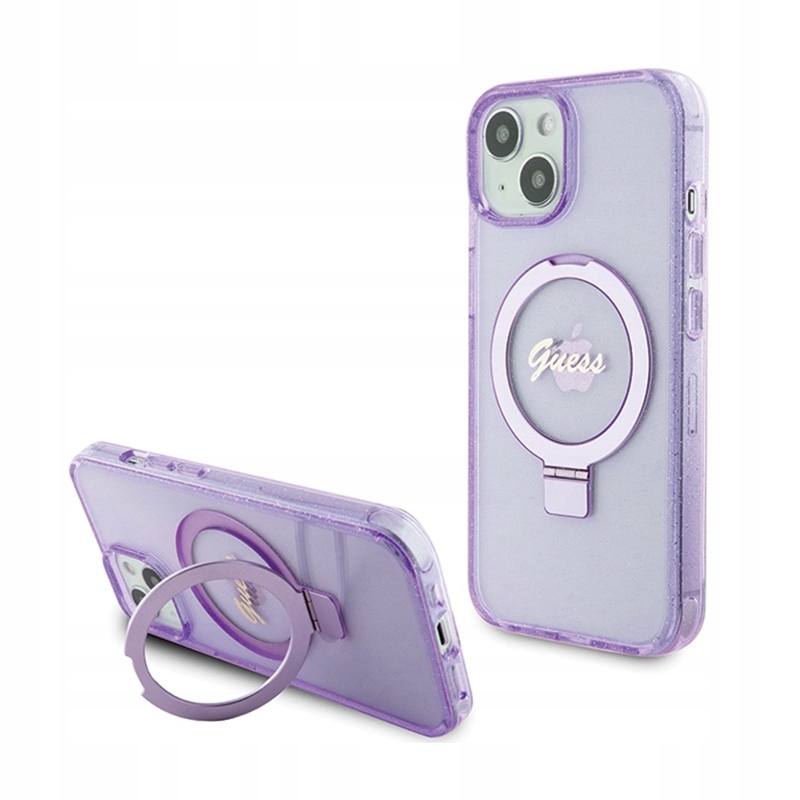 Guess Ring Stand Script Glitter MagSafe – Pouzdro pro iPhone 15 Plus (fialové)