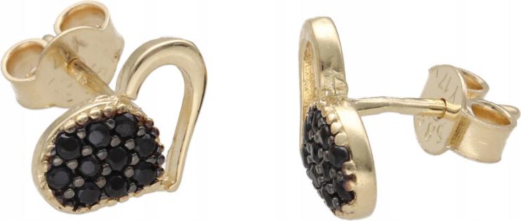 Zlaté náušnice 585 srdíčka s černými zirkony, módní designový dárek pro ni