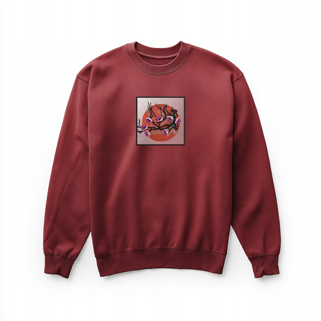 Mikina s výšivkou „Kvetoucí višeň při západu slunce“ – bordó, unisex L