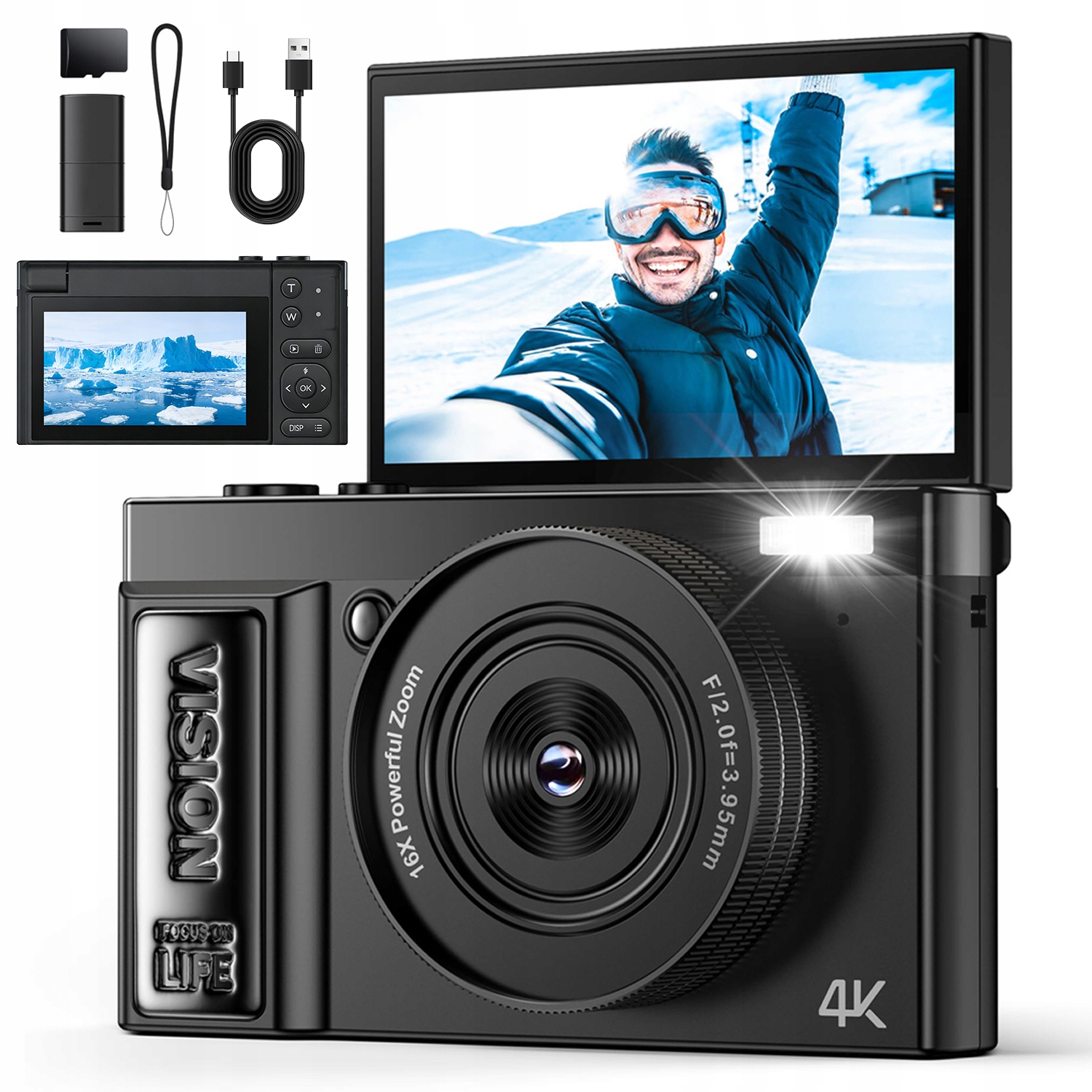 Digitální Fotoaparát 4K 64MP 16X Zoom Obrazovka 180 Stupňů Otočná Kamera Vlog